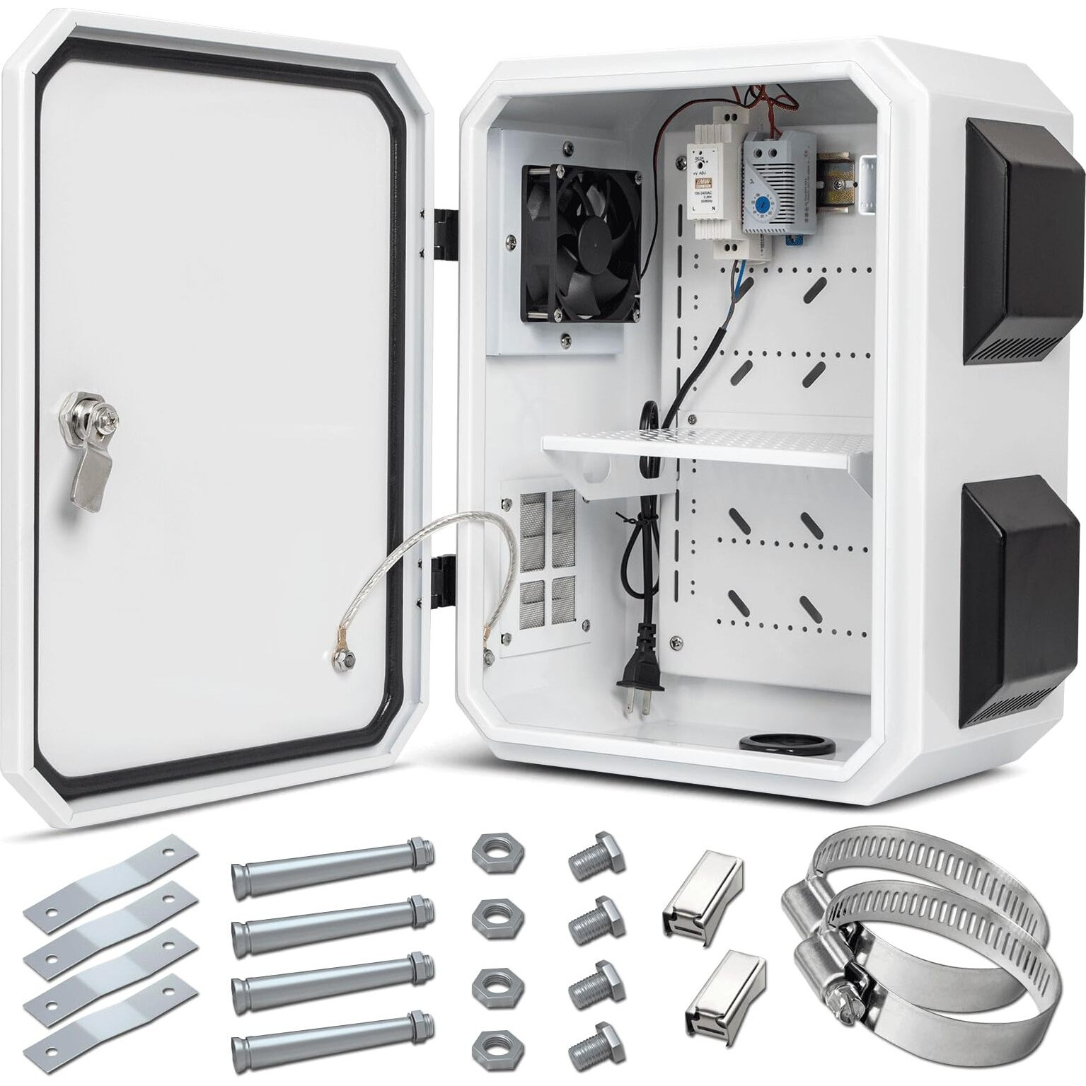 Outdoor Electrical Box With Thermostat And Fan  Cold-Rolled Steel Plate  Aluminum Alloy Back Beam  One-Piece Ventilation Design  Ip65 Waterproof  Wall/Pole Mounted. (15.7"" X 11.8"" X 7.9"")