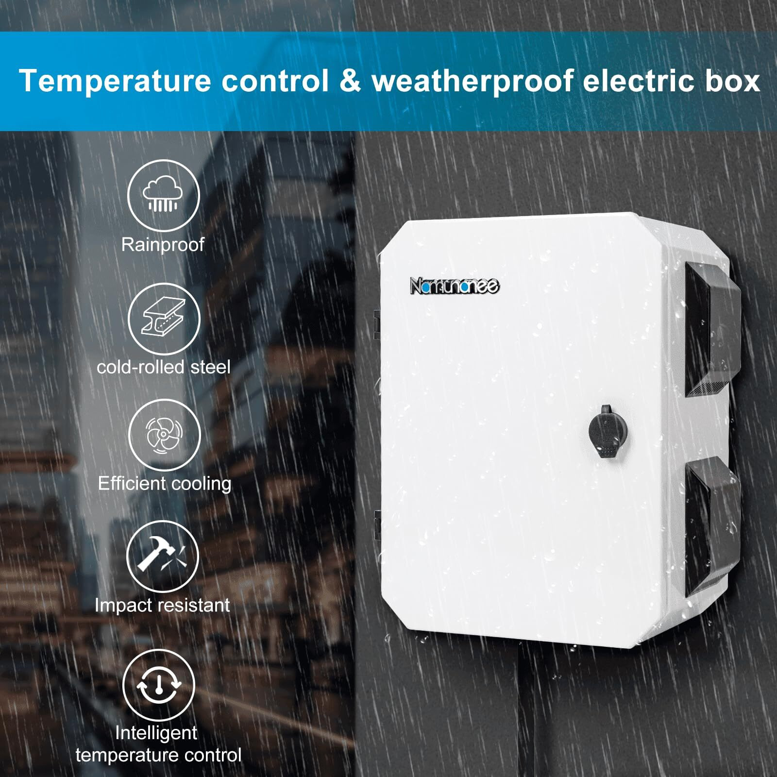 Outdoor Electrical Box With Thermostat And Fan  Cold-Rolled Steel Plate  Aluminum Alloy Back Beam  One-Piece Ventilation Design  Ip65 Waterproof  Wall/Pole Mounted. (15.7"" X 11.8"" X 7.9"")