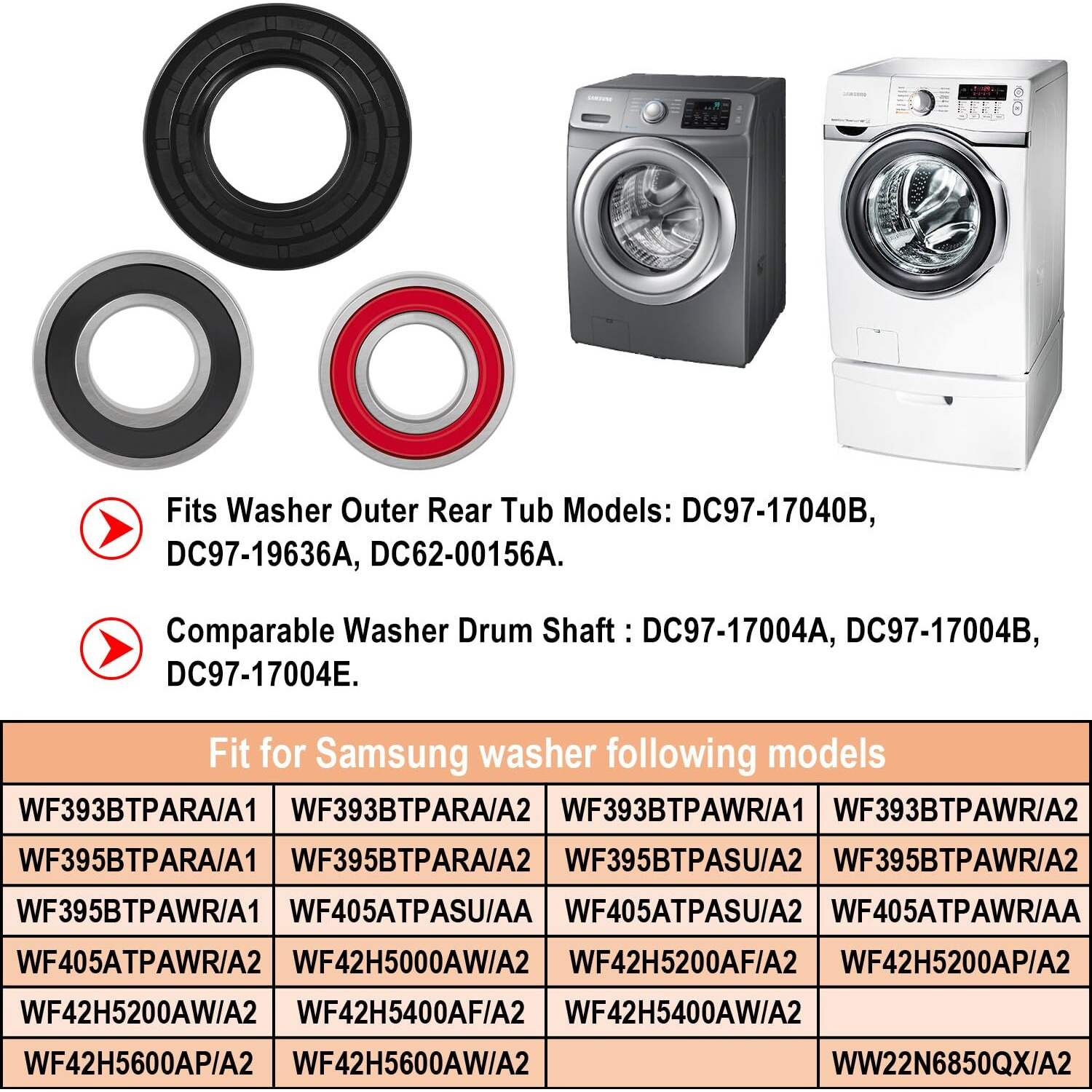 Washer Seal & Bearing Replacement Rebuild Parts Kit Fit For Samsung Dc97-17004A Dc97-17004B Dc97-17004E Dc97-17040B Dc62-00156A Dc97-19636A Wf393 Wf395 Wf24H Wf405 Wf42H Washer Tub Drum Shaft Assembly