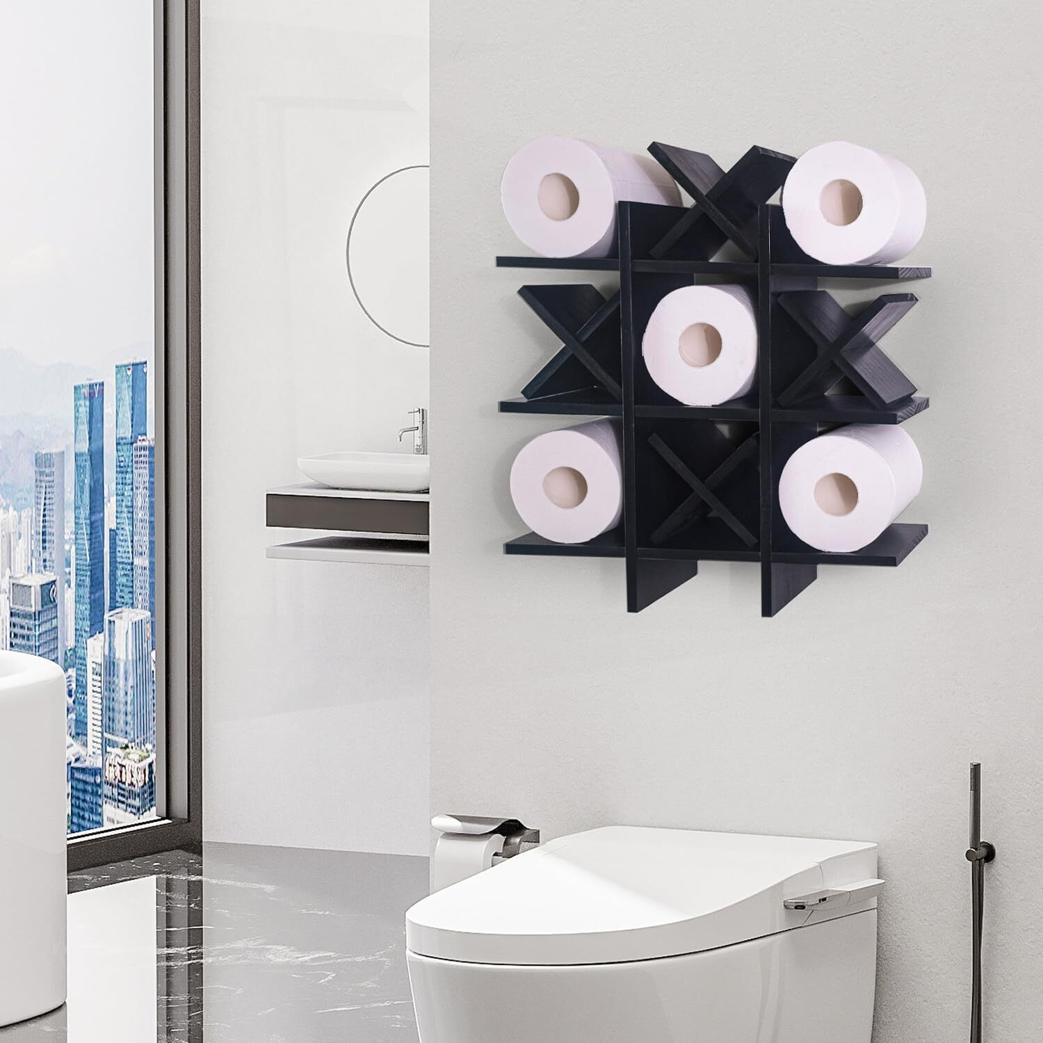 Daoyousky Tic Tac Toe Toilet Paper Holder Stand With 4Pcs Wooden X  Farmhouse Rustic Wall Mounted Funny Toilet Papers Storage Organizer With Shelf  Guest Bathroom Decor  Black