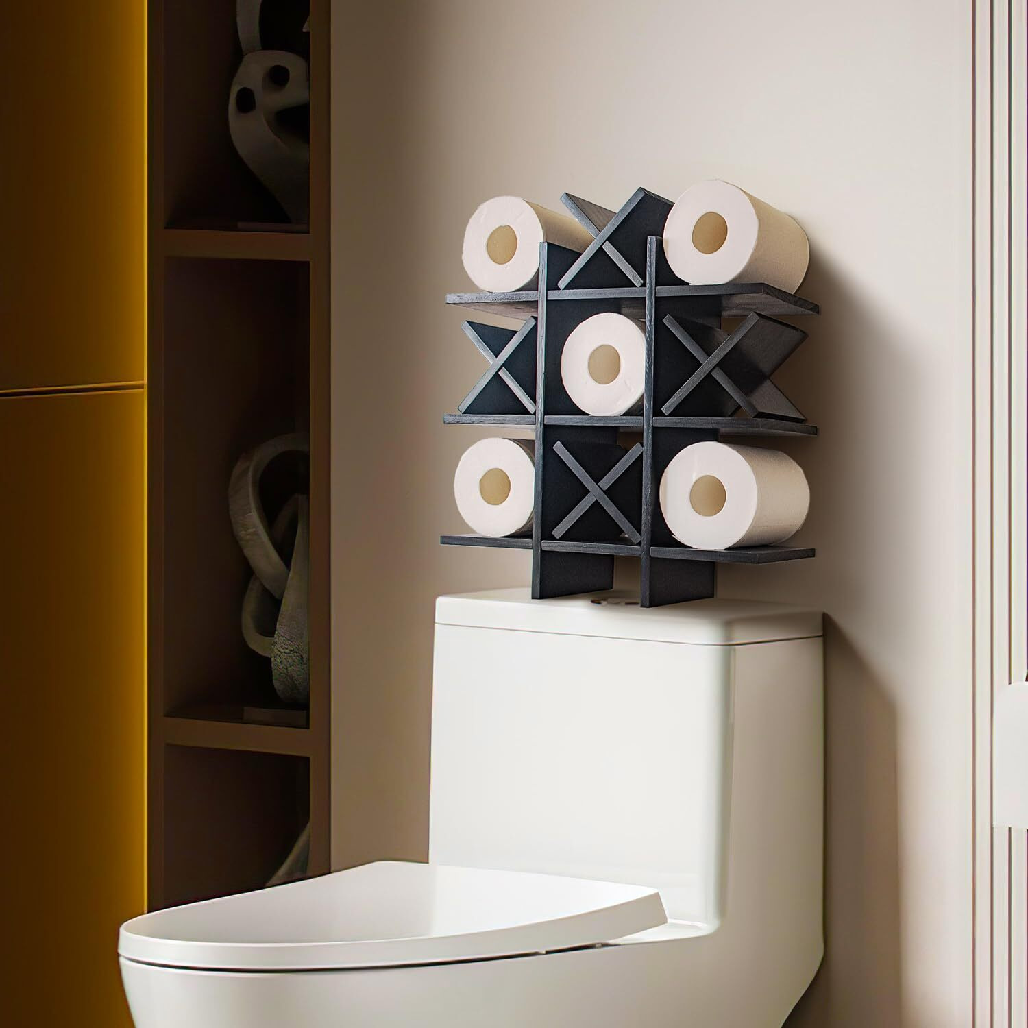 Daoyousky Tic Tac Toe Toilet Paper Holder Stand With 4Pcs Wooden X  Farmhouse Rustic Wall Mounted Funny Toilet Papers Storage Organizer With Shelf  Guest Bathroom Decor  Black