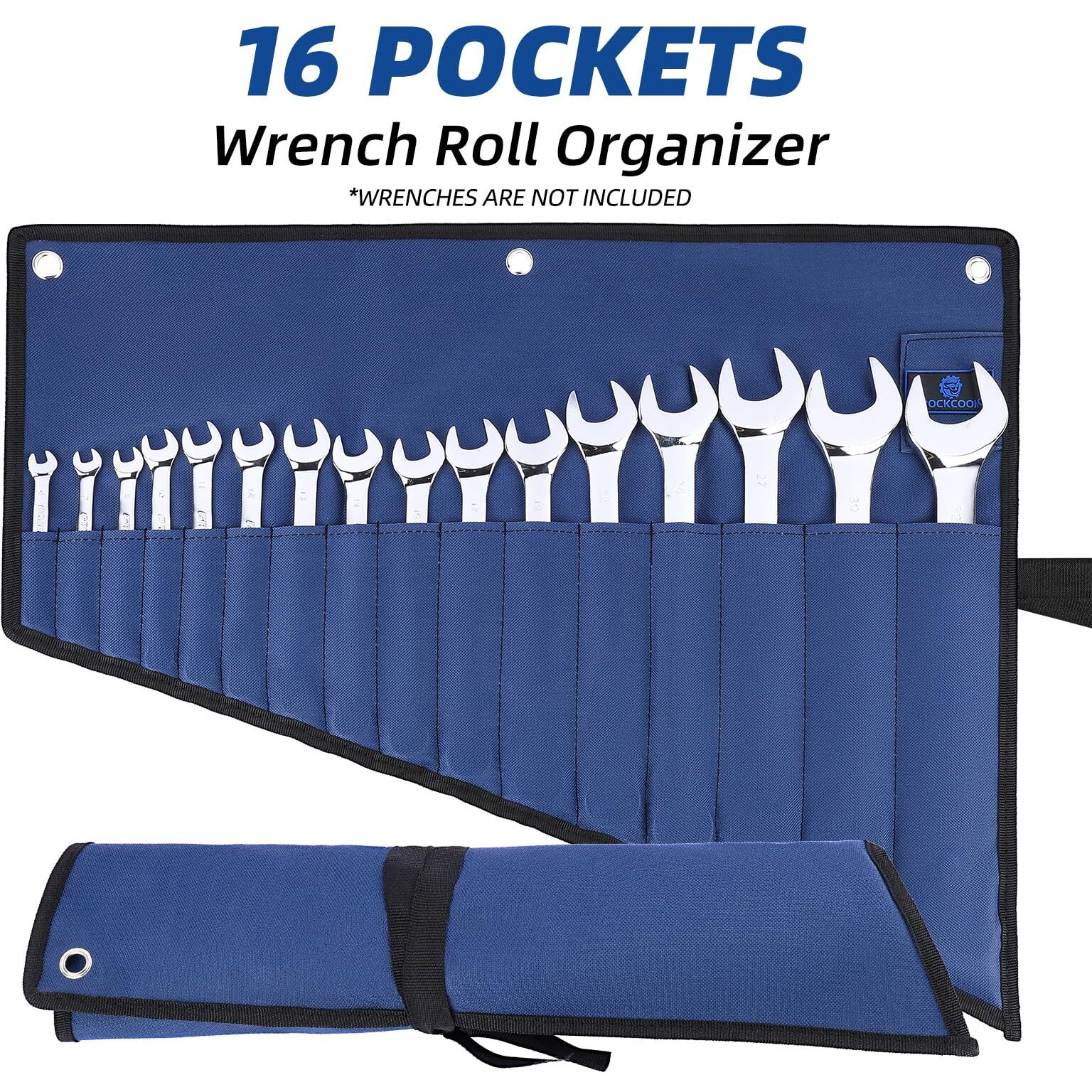 Rockcoon 16 Pockets Wrench Roll Organizer  Rolled Tool Pouch Bag With Water Proof Oxford Cloth  Blue