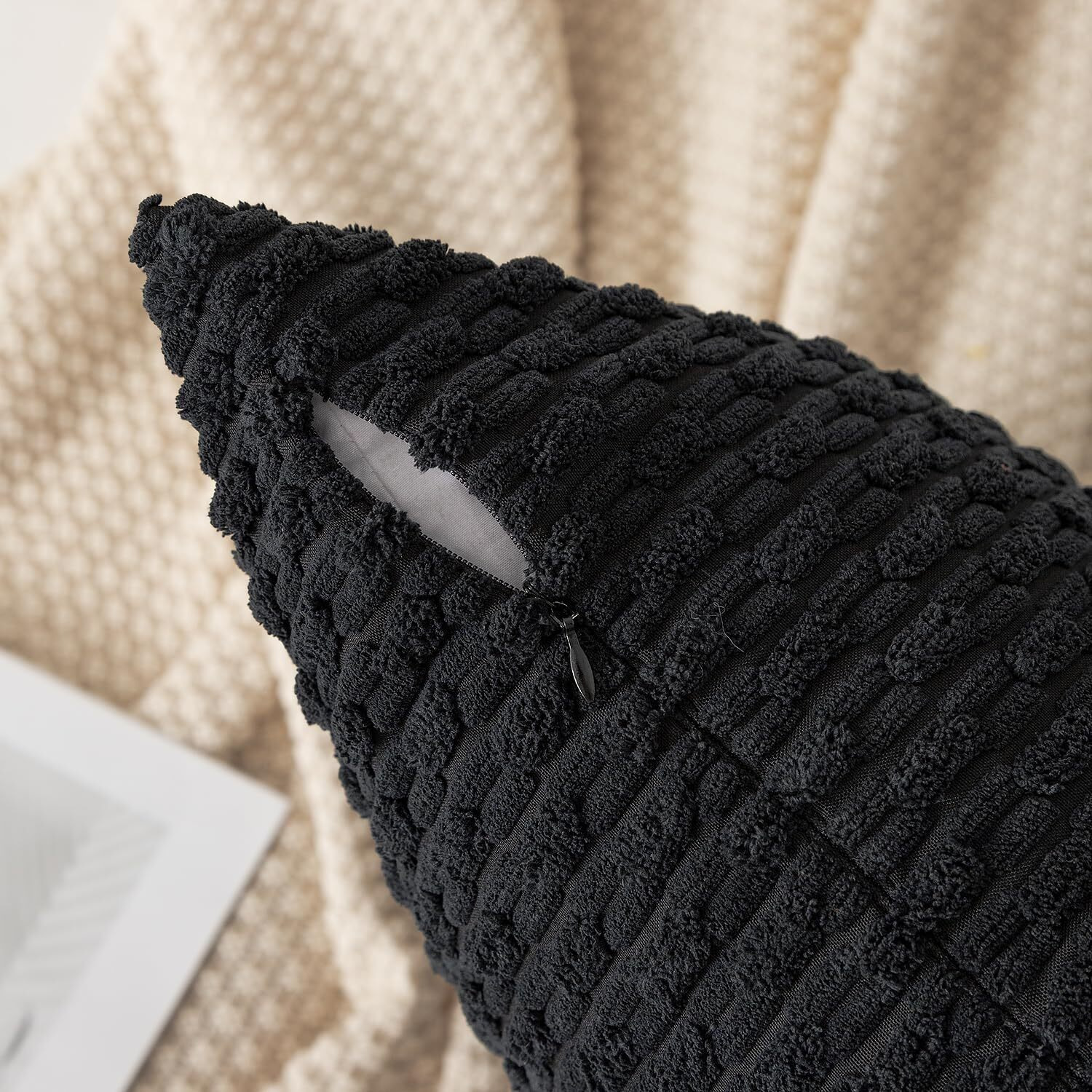 Kevin Textile Set Of 2 Decorative Pillow Cover Solid Striped Corduroy Plush Velvet Cushion Cover For Couch 50Cm 20 X 20 Inch Black