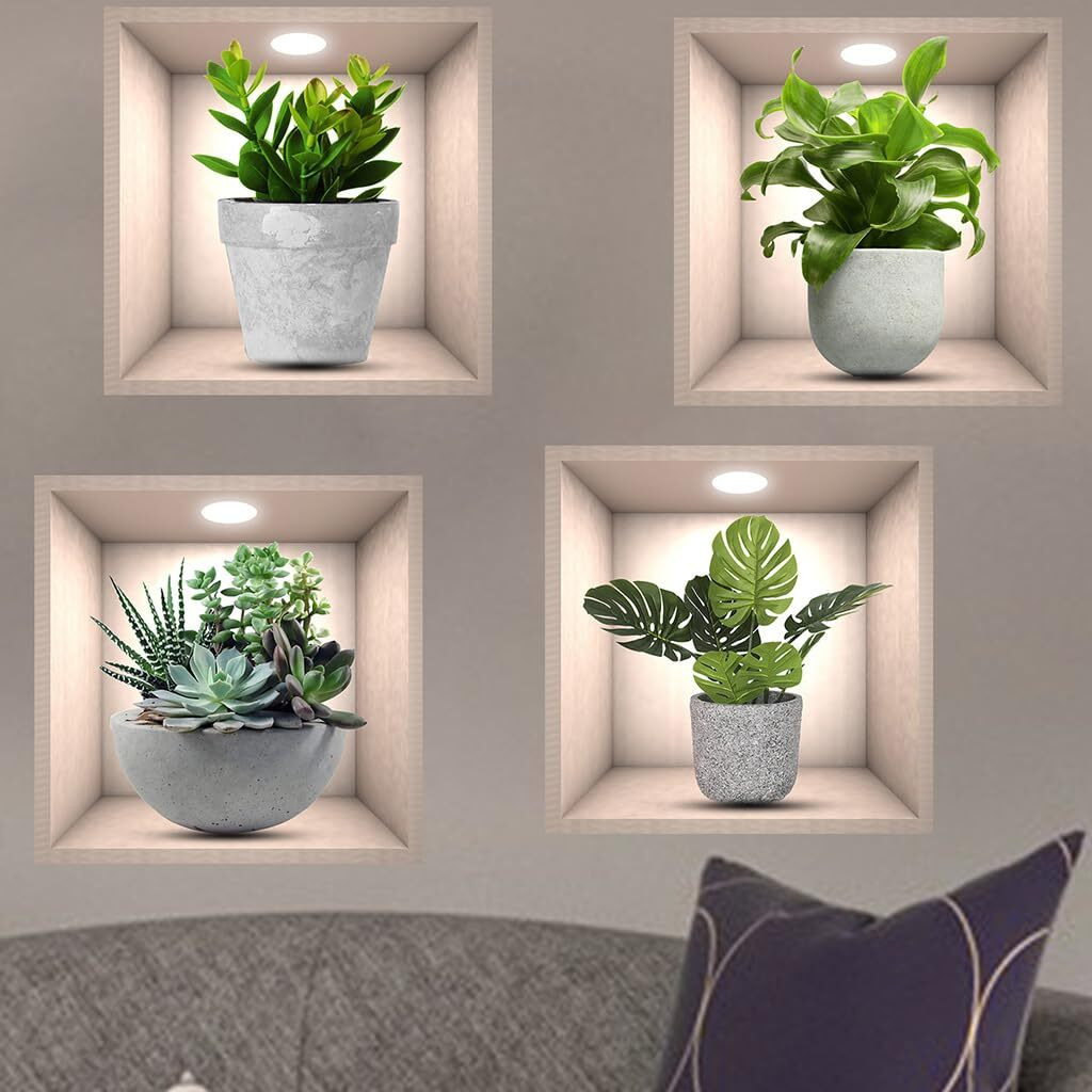 Imagitek 4 Pack 3D Green Plants Wall Stickers Botanical Plants Wall Decals For Bedroom Living Room Kitchen