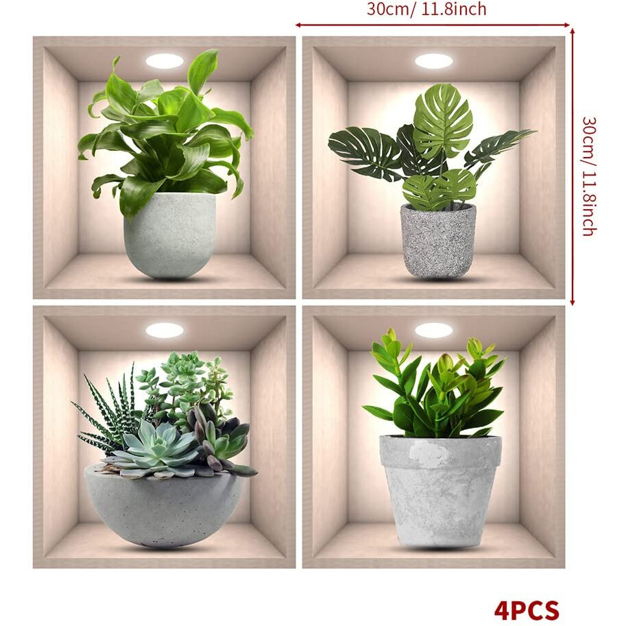 Imagitek 4 Pack 3D Green Plants Wall Stickers Botanical Plants Wall Decals For Bedroom Living Room Kitchen