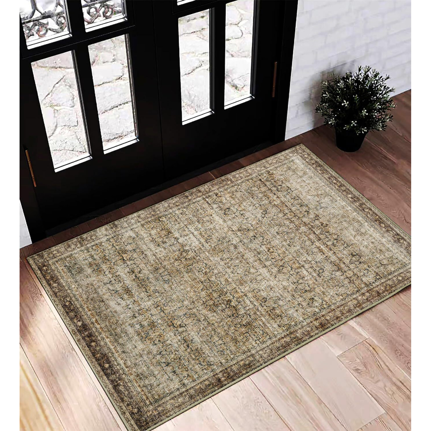 Champlant Area Rug 2X3 Washable Rug Door Mat Vintage Distressed Taupe Rug Doormat Indoor Entrance Traditional Thin Rug Floral Print Non Slip Carpet For Kitchen Bathroom Bedroom Living Room