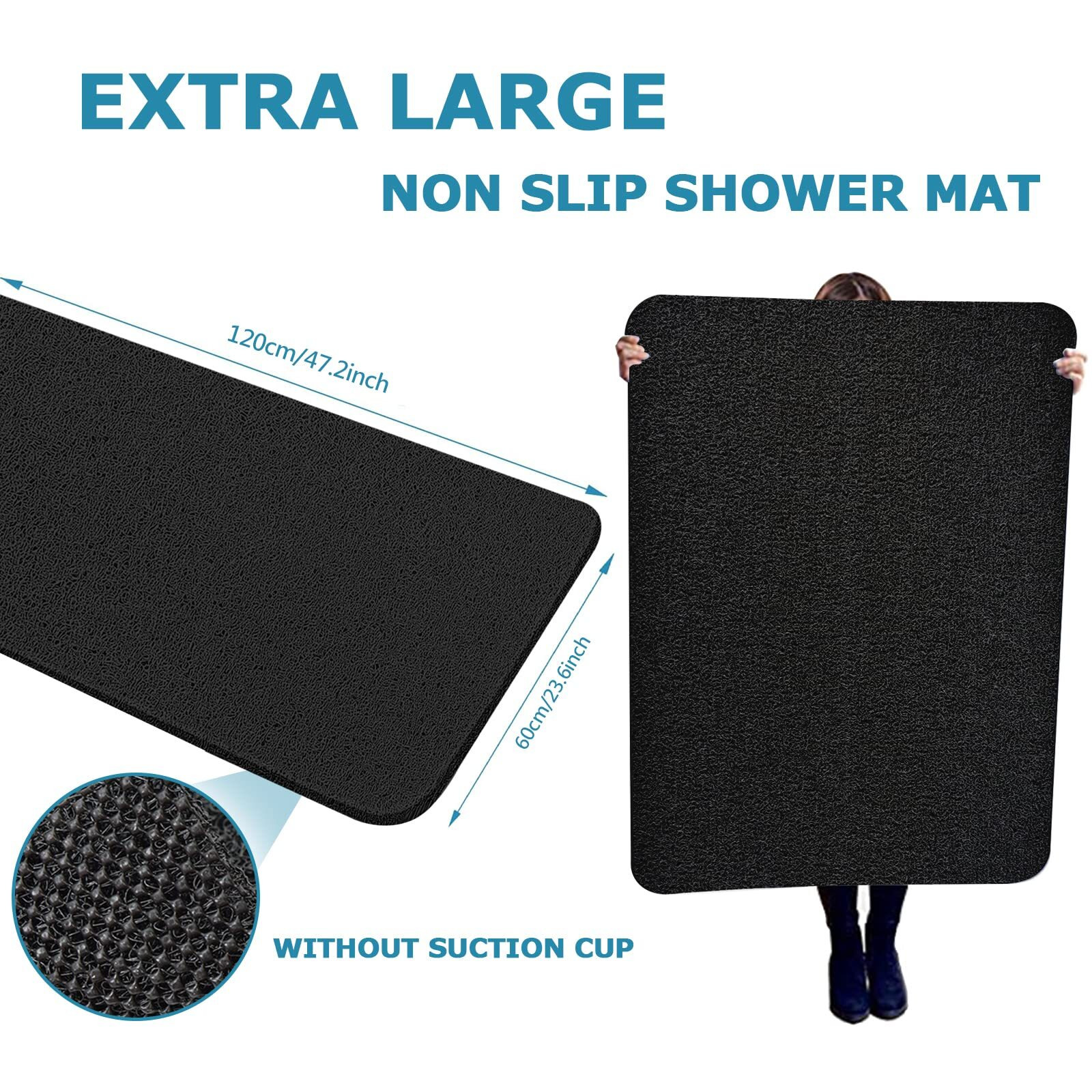 Extra Large Shower Mats Non Slip Without Suction Cups  23.647.2Inch  Bath Mat For Textured Tub Surface  Loofah Mats For Shower And Bathroom  Quick Drying  Black