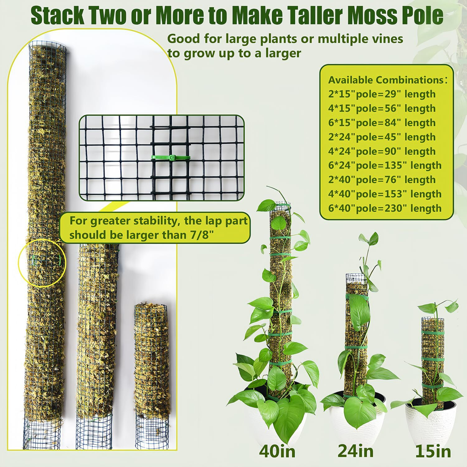 Holanhing 2/4/6 Pack Metal Moss Pole  40""/24""/15"" Moss Poles For Plants Monstera  Stackable Sphagnum Moss Pole  Moss Pole For Plants Plant Poles For Climbing Plants Work With Sphagnum Moss(4 Pack 15"")