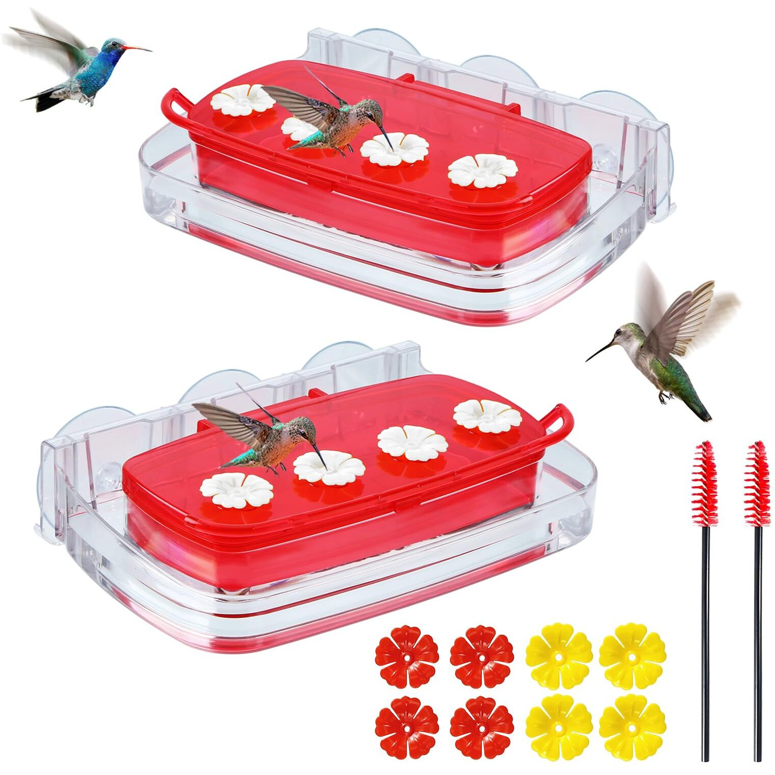Hcgadon Window Hummingbird Feeder  Plastic Humming Bird Feeder With 3 Strong Suction Cups  Easy To Clean And Refil Built-In Moat (10Oz) (2  Red)