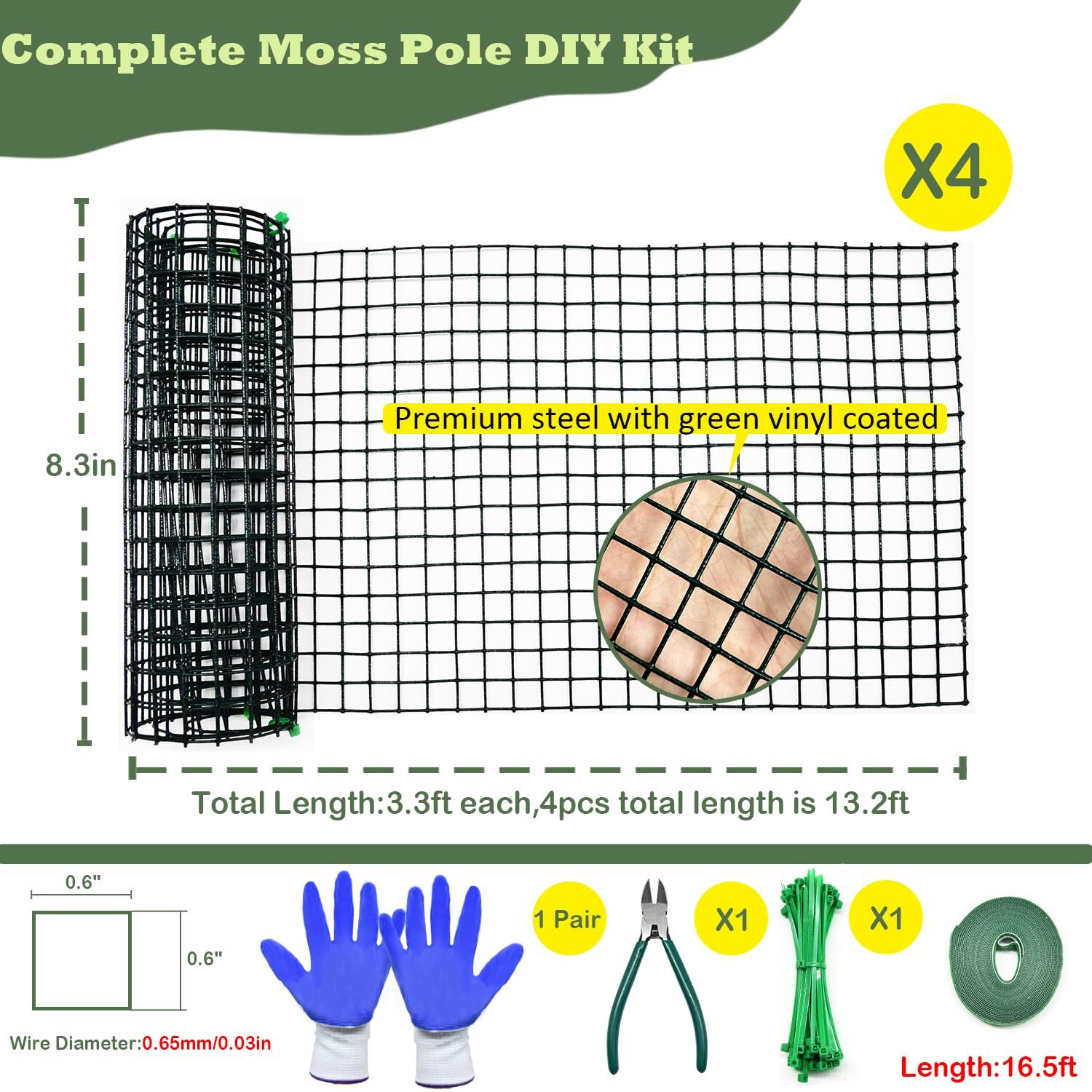 Chicarry Moss Pole Diy Kit  13.2Ft Metal Moss Pole For Plants Monstera  4Pcs 8.3In3.3Ft Steel Moss Pole Mesh With Plier  Cable Ties  Sphagnum Moss Pole (13.2Ft Wire Mesh With Plier)