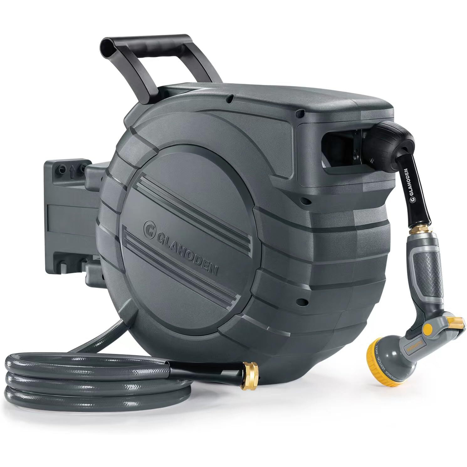 Glahoden Retractable Garden Hose Reel 1/2 In X 65 Ft Upgraded Uv Resistant Heavy Duty Automatic Hose Reel Wall Mount 3/4 In Brass Fitting 9 Pattern Nozzle Any Length Lock Slow Retraction 180 Swivel
