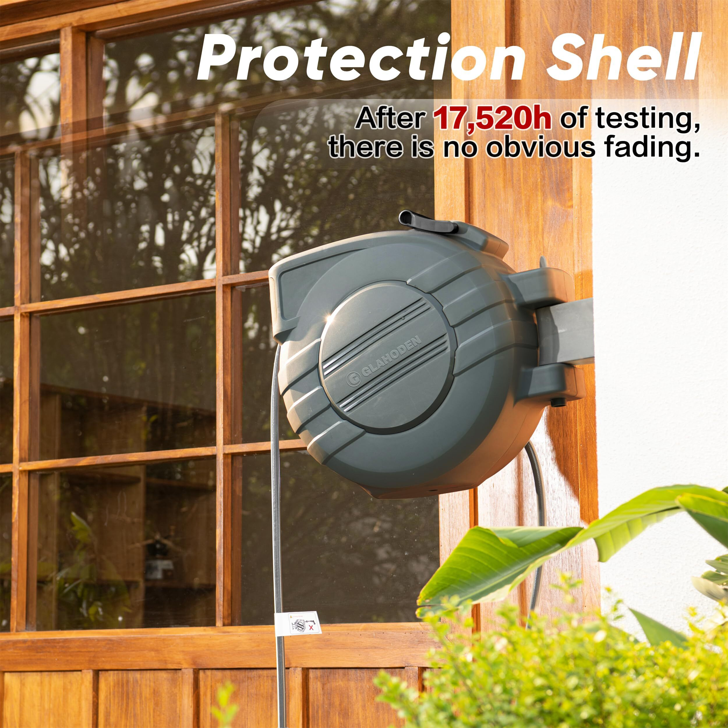 Glahoden Retractable Garden Hose Reel 1/2 In X 65 Ft Upgraded Uv Resistant Heavy Duty Automatic Hose Reel Wall Mount 3/4 In Brass Fitting 9 Pattern Nozzle Any Length Lock Slow Retraction 180 Swivel