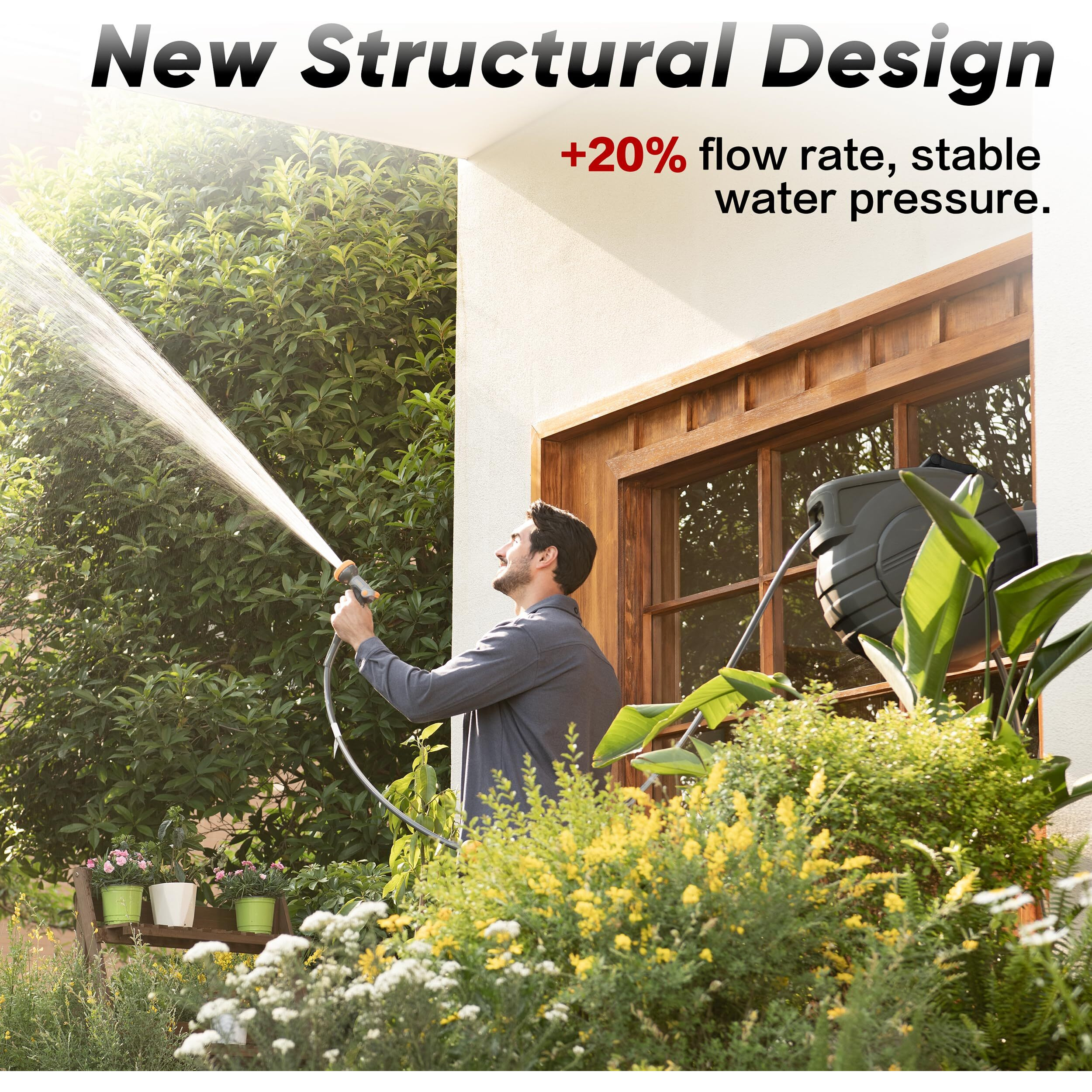 Glahoden Retractable Garden Hose Reel 1/2 In X 65 Ft Upgraded Uv Resistant Heavy Duty Automatic Hose Reel Wall Mount 3/4 In Brass Fitting 9 Pattern Nozzle Any Length Lock Slow Retraction 180 Swivel