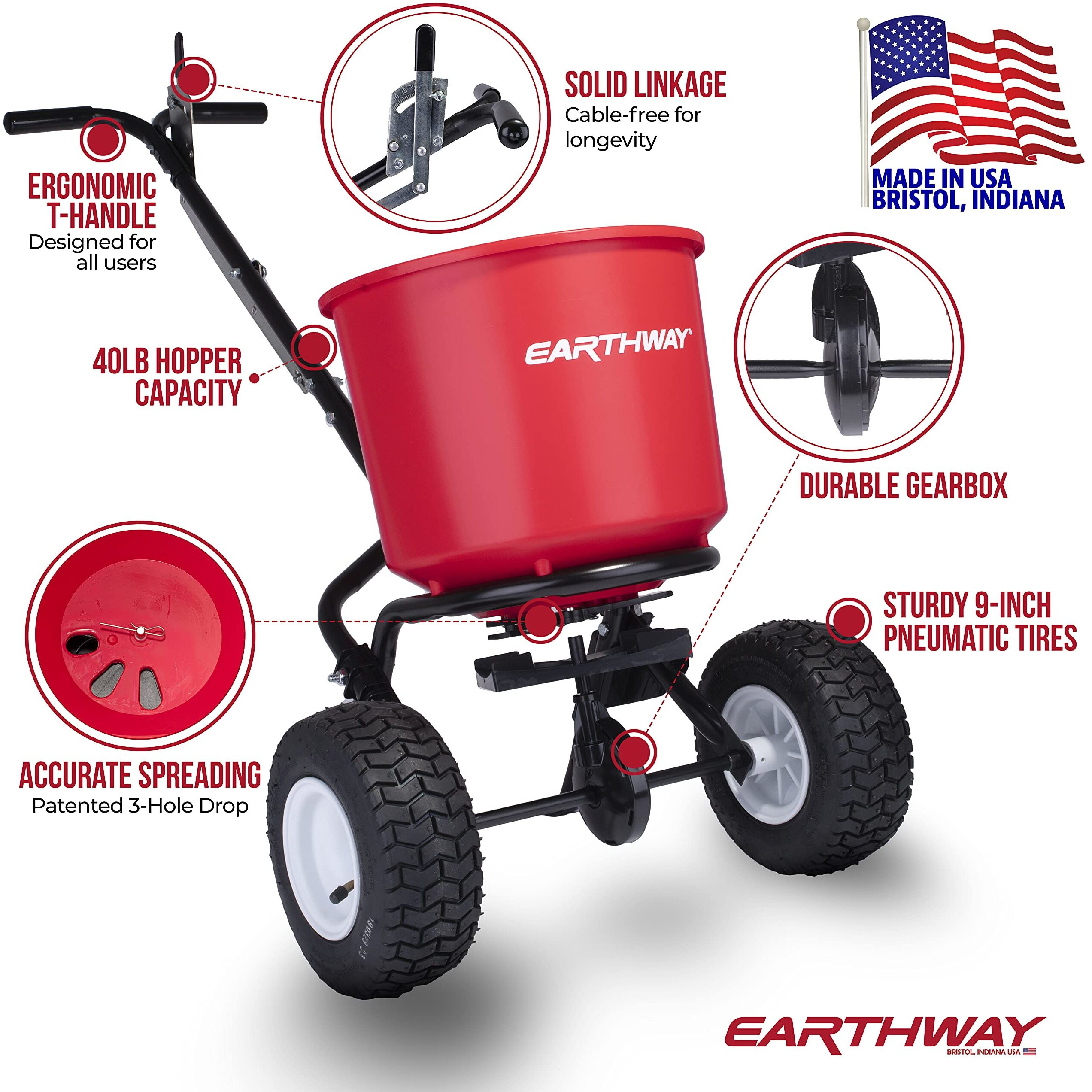Earthway 2600A-Plus 40 Lb (18 Kg) Walk-Behind Broadcast Fertilizer Spreader  Garden Seeder  Salt Spreader With 9 Inch Pneumatic Tires  Made In America