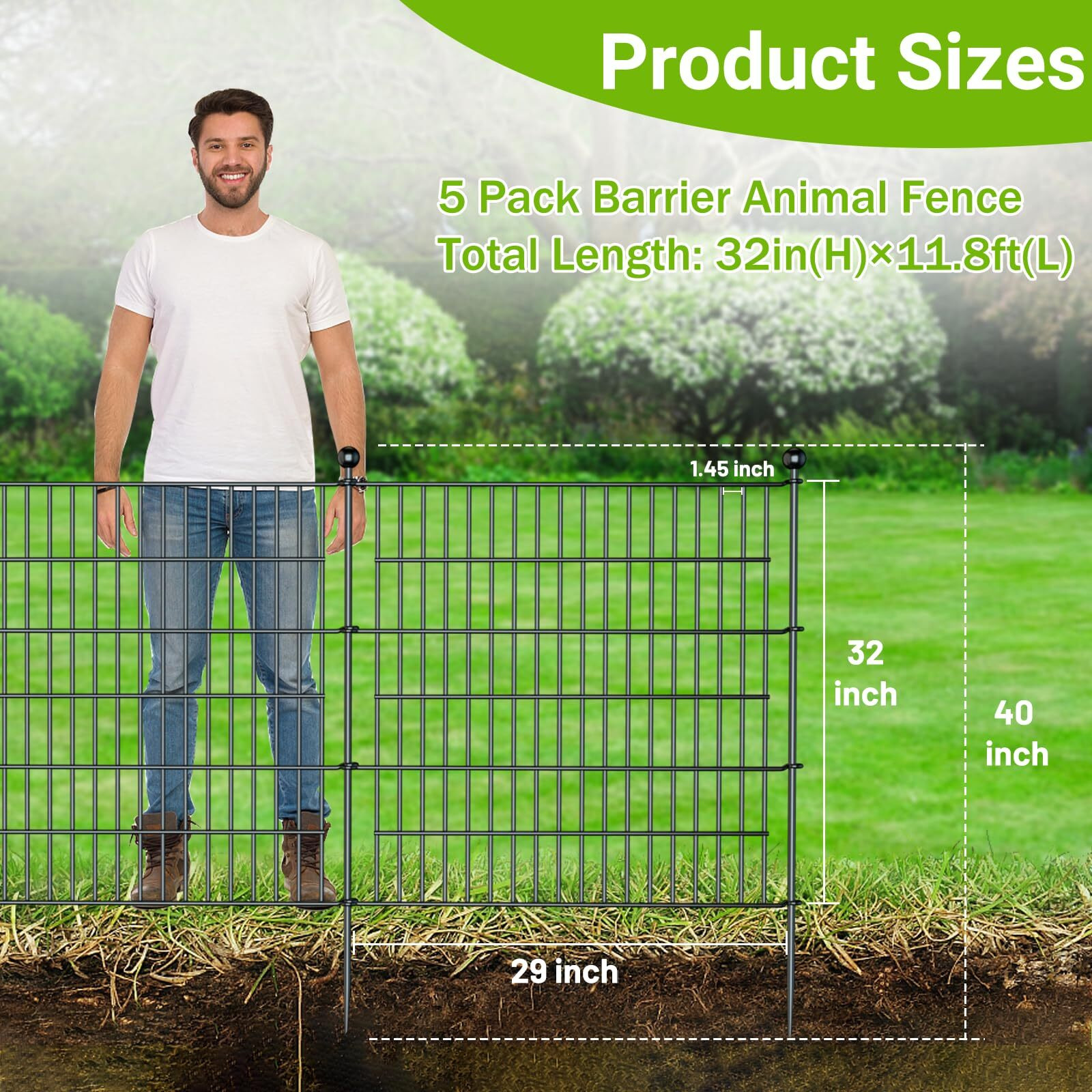 5 Panels No Dig Decorative Outdoor Garden Fence With Gate For Yard  32 In(H) X 11.8 Ft(L) Animal Barrier Fencing Rustproof Metal Wire Panel Border For Dog  Rabbits  And Patio Temporary Ground Stakes