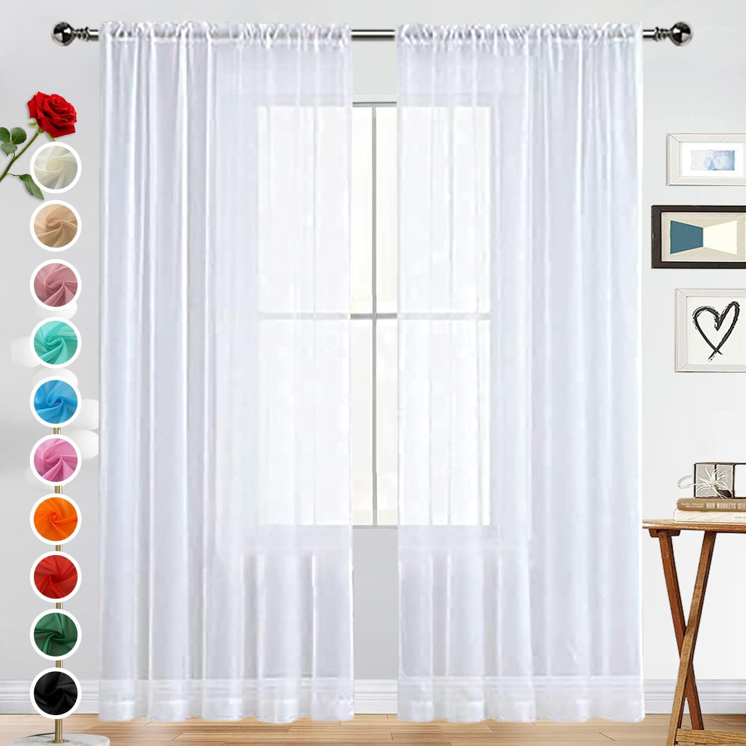 Spacedresser Basic Rod Pocket Sheer Voile Window Curtain Panels White 1 Pair 2 Panels 42 Width 72 Inch Long For Kitchen Bedroom Children Living Room Yard(White 42 W X 72 L)