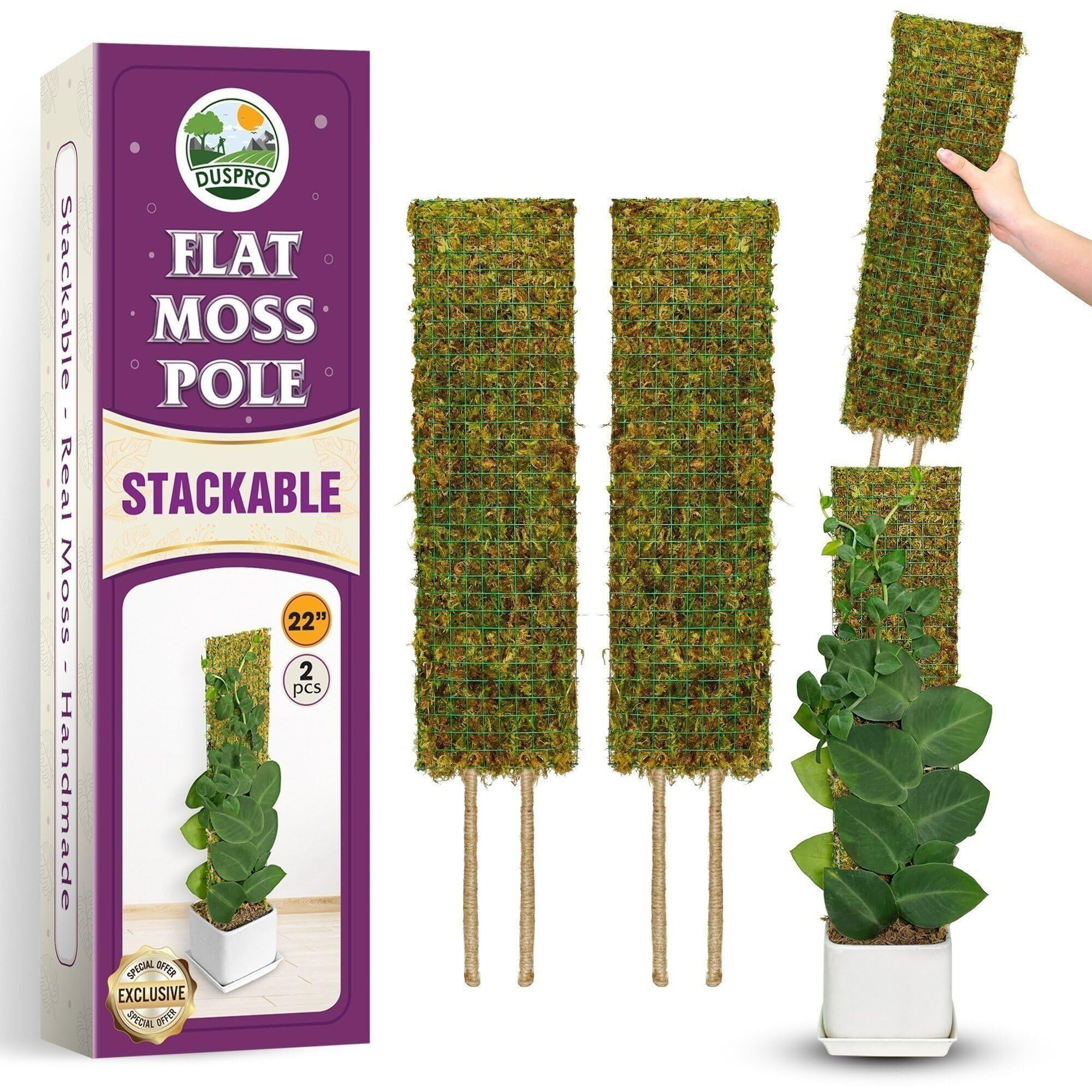 Duspro Flat Mesh Moss Poles For Climbing Plants Monstera Stackable Moss Pole For Plants With Real Moss Moss Plant Pole For Potted Plants Handmade Moss Stick For Indoor Plants Grow Upward 2 Pack 22