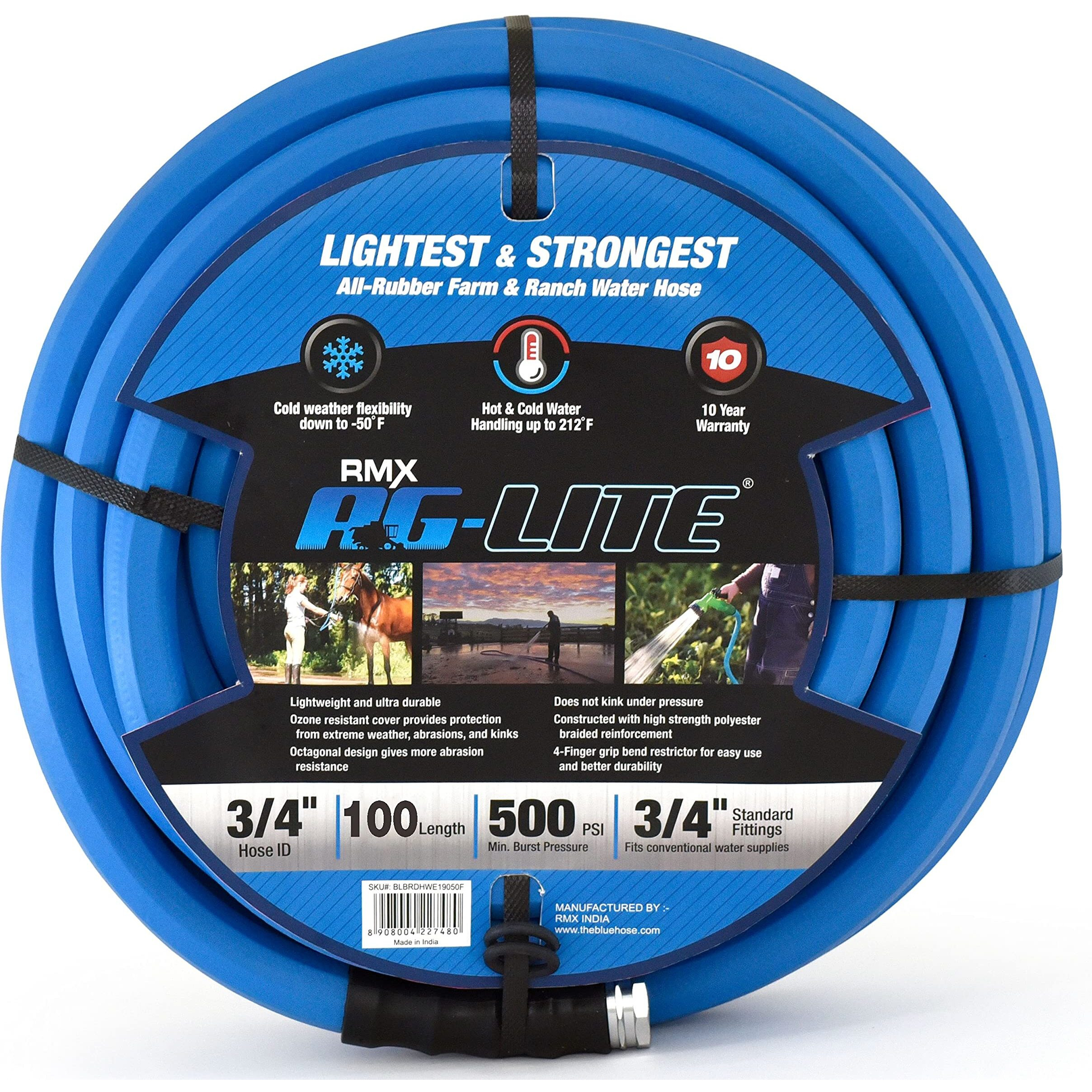 Ag-Lite Bsal34100 3/4"" X 100' Hot/Cold Water Rubber Garden Hose  100% Rubber  Ultra-Light  Super Strong  500 Psi  50F To 190F Degrees  High Strength Polyester Braided