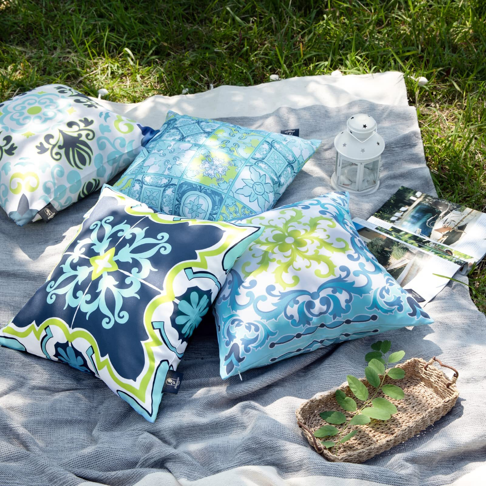 Phantoscope Set Of 4 Outdoor Waterproof Throw Pillow Covers Geometric  Decorative Boho Farmhouse Outdoor Pillows Cushion Case For Home Patio Furnitures Tent Sunbrella  Blue And Green 18X18 Inches