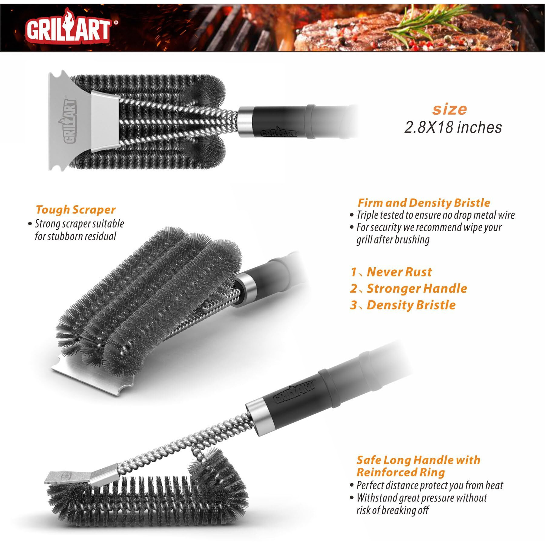 Grillart Grill Brush And Scraper With Deluxe Handle  Safe Wire Grill Brush Bbq Cleaning Brush Grill Grate Cleaner For Gas Infrared Charcoal Porcelain Grills  Br-8529