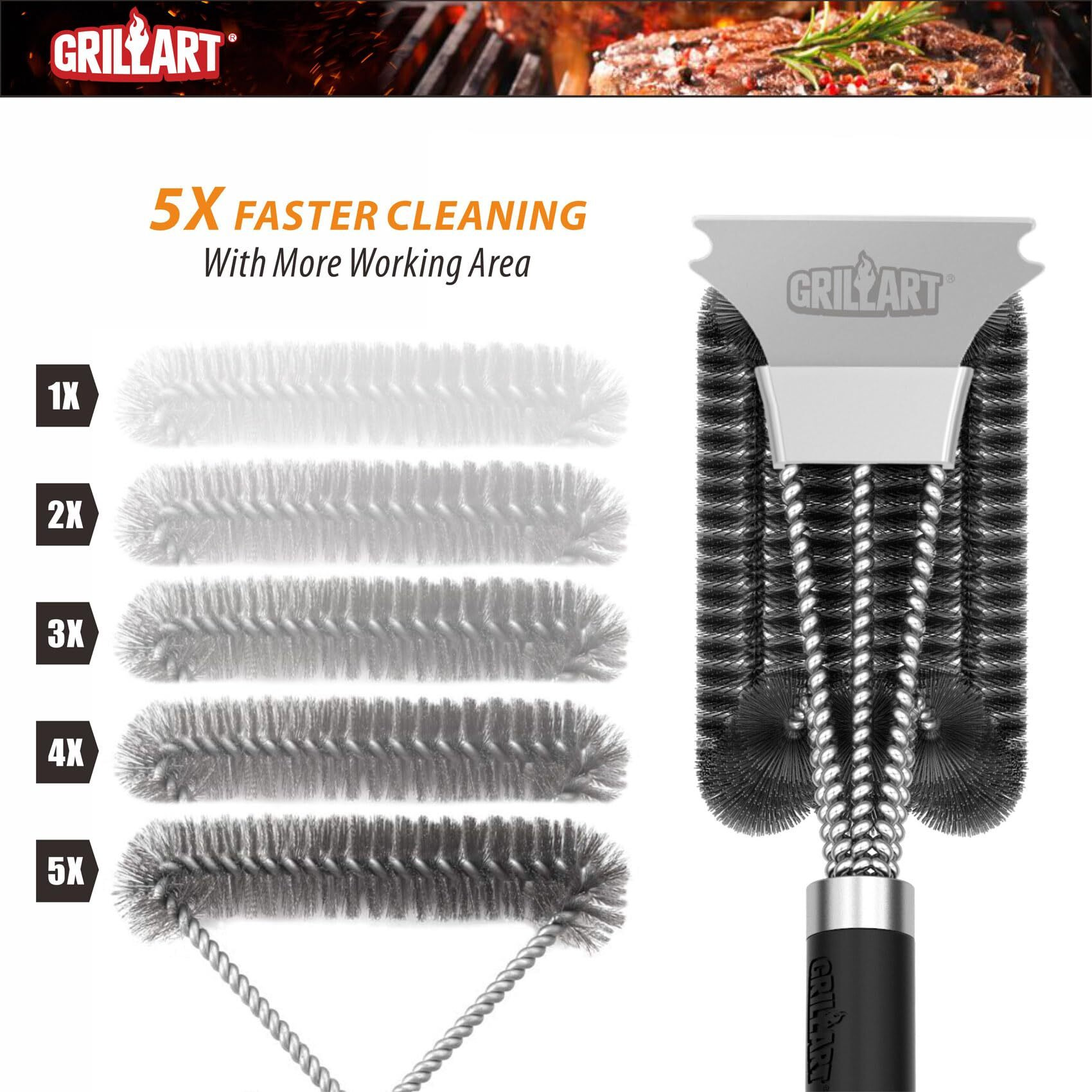 Grillart Grill Brush And Scraper With Deluxe Handle  Safe Wire Grill Brush Bbq Cleaning Brush Grill Grate Cleaner For Gas Infrared Charcoal Porcelain Grills  Br-8529