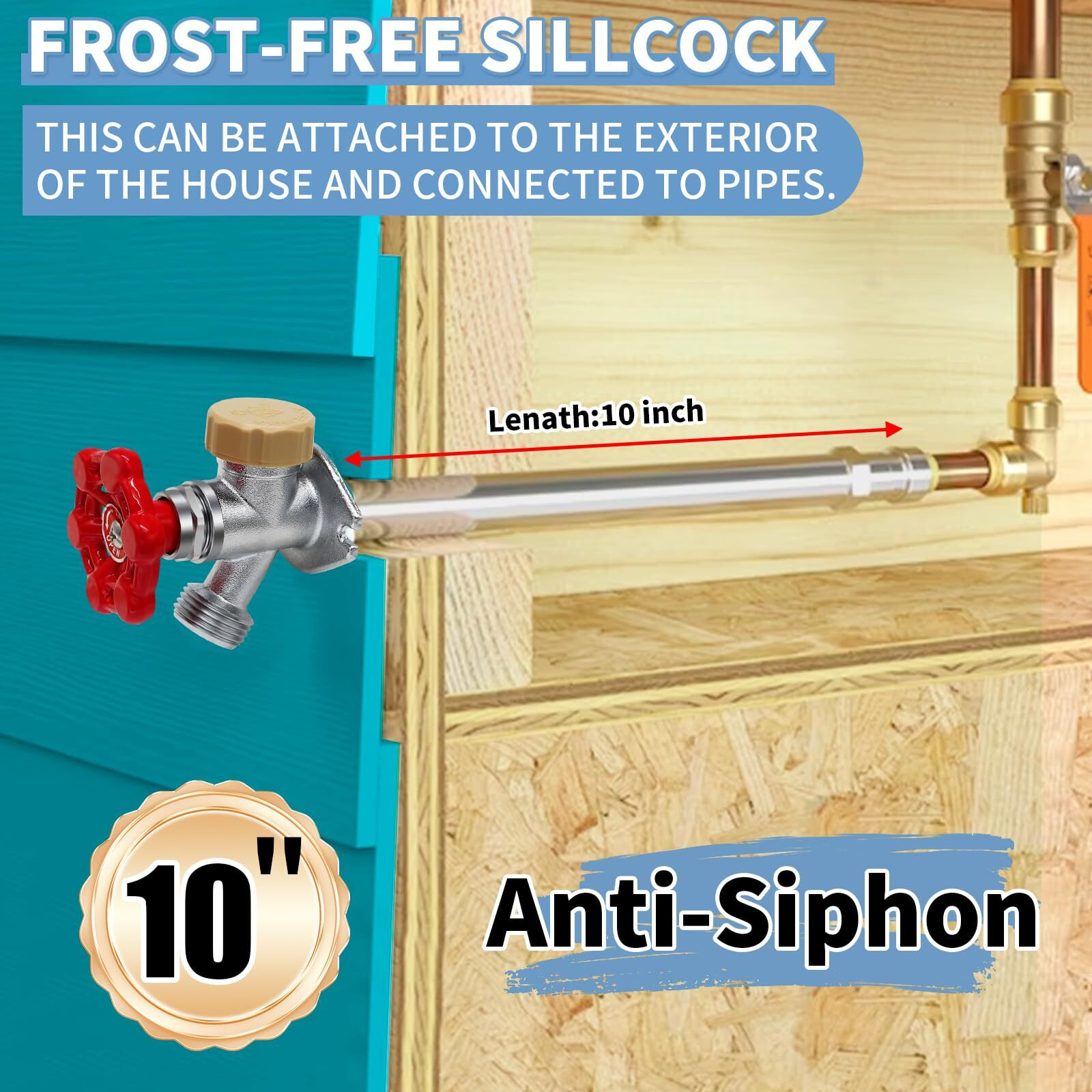 Boltigen 10Inch Anti-Siphon Frost Free Sillcock  No Lead Brass Frost Proof Outdoor Water Faucet  1/2"" Push-To-Fit Connector X 3/4'' Ght Hose Bib Frost Free Outdoor Spigot