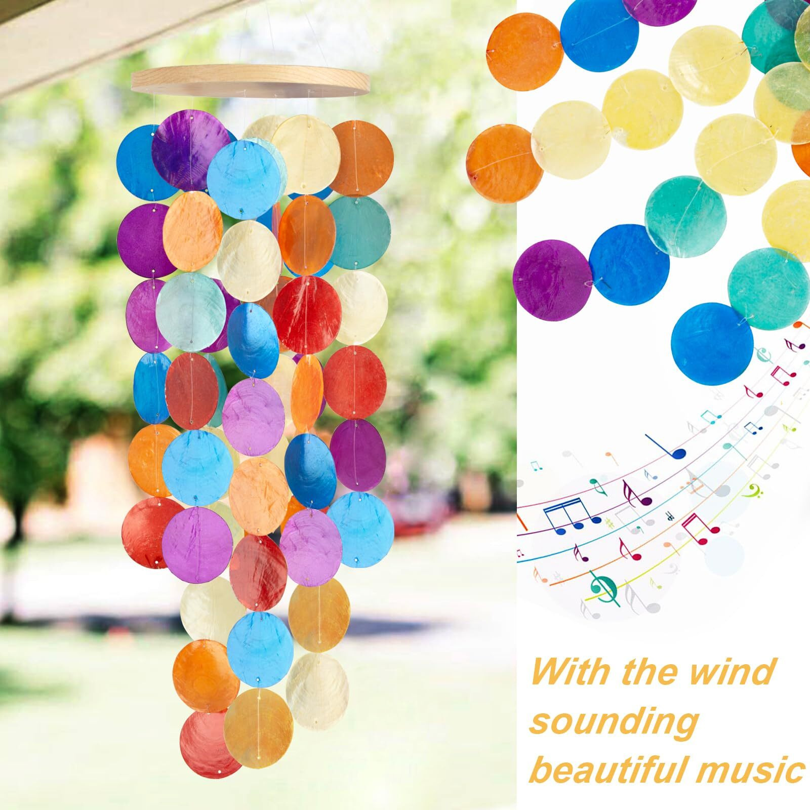 Wind Chimes For Outside - Handcrafted Rainbow Capiz Shells Windchime Coastal Style Decor For Indoor/Outdoors  Garden Decor  Great For Women  Wind Chimes Lovers And More