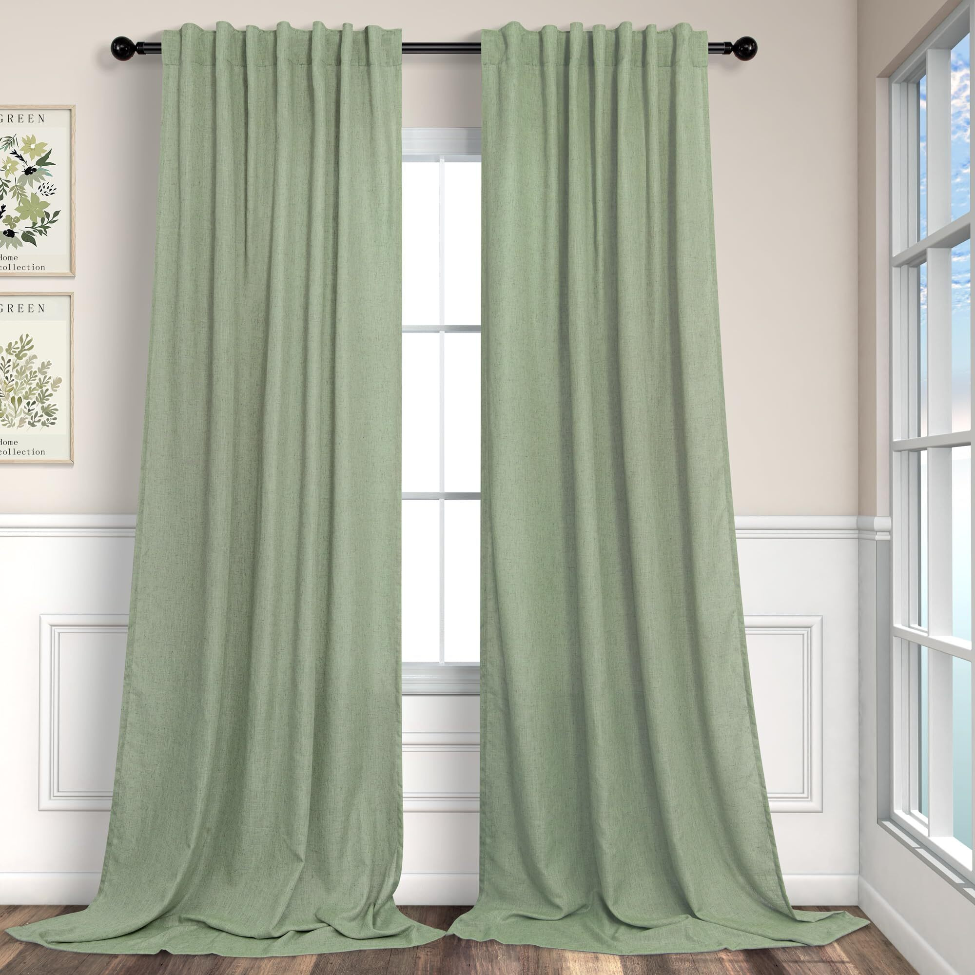 Sage Green Curtains 96 Inches Long For Living Room 2 Panels Back Tab Loop Pocket Linen Draperies Semi Privacy Sheer Light Weight Pale Green Curtains For Bedroom Office Bay Neutral Boho Farmhouse 8 Ft