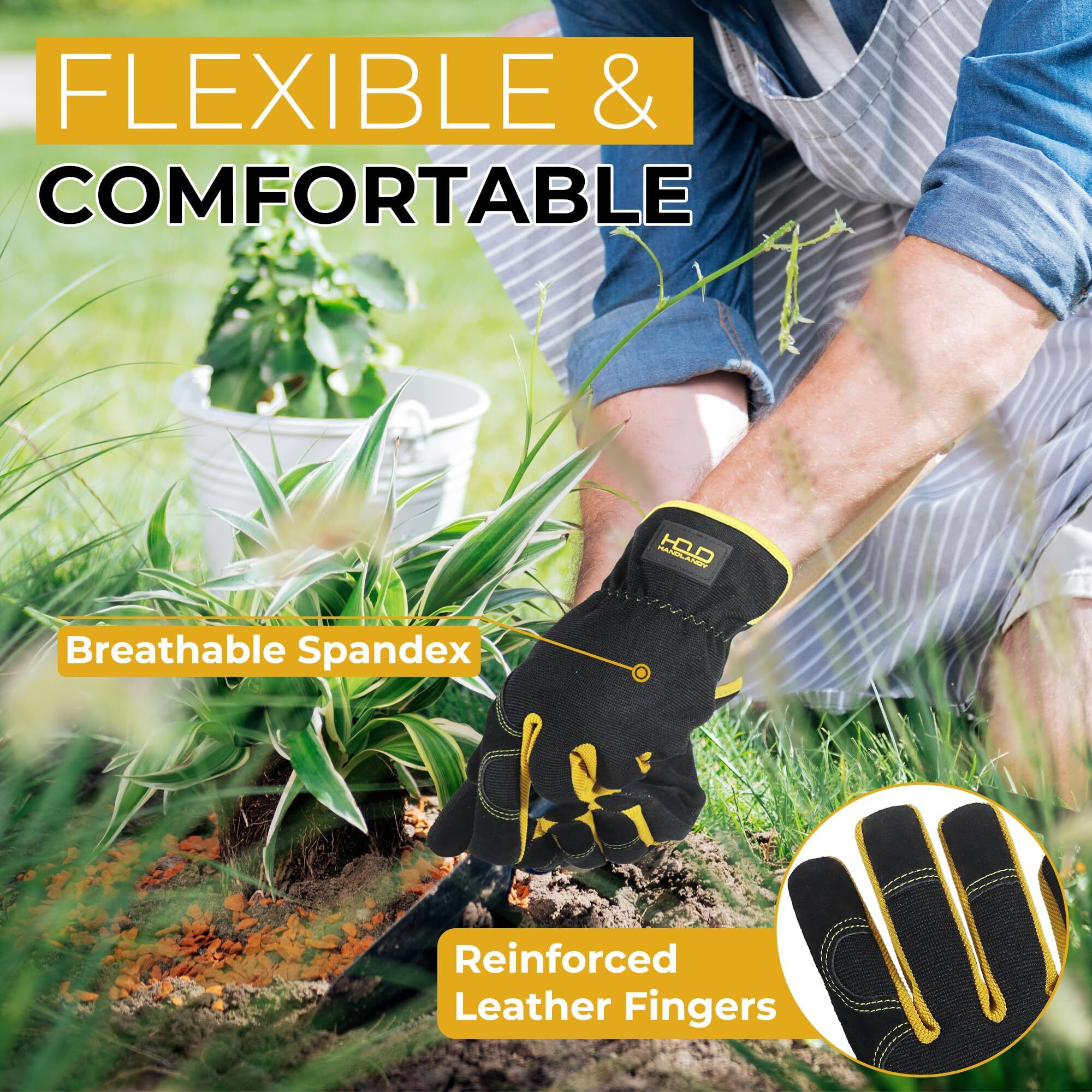 Handlandy Gardening Gloves For Men  Utility Breathable Leather Working Gloves For Yard Work Weeding Construction Driver (Black  Large (Pack Of 1))