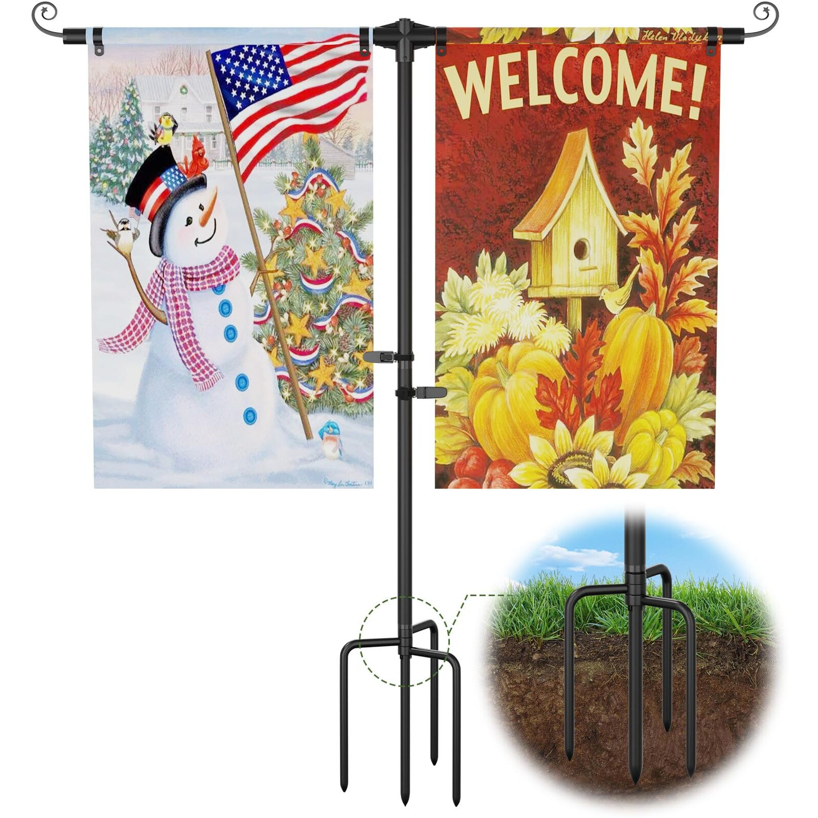 Garden Flag Holder Stand  Extra Thick Weather-Proof Powder-Coated Yard Flag Holder With 4 Prong Base  Heavy Duty 3/4 Inch Aluminum Stand For Double Flags  Suitable For 12X18 Outdoor Patio Decor