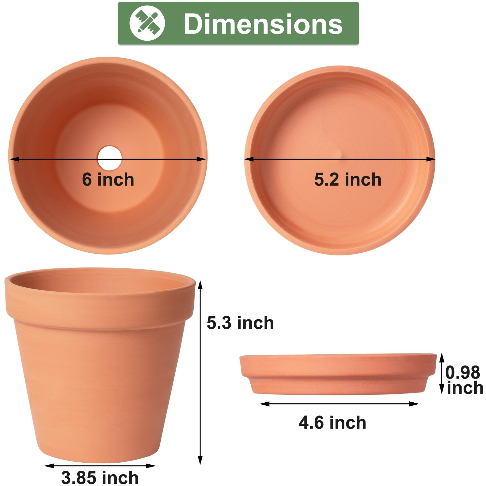 6 Inch Clay Pots For Plants With Saucer  Large Terra Cotta Plant Pots With Drainage Hole  Flower Pots With Tray  Terracotta Pots For Indoor Outdoor Plant - Pack Of 4 Planters