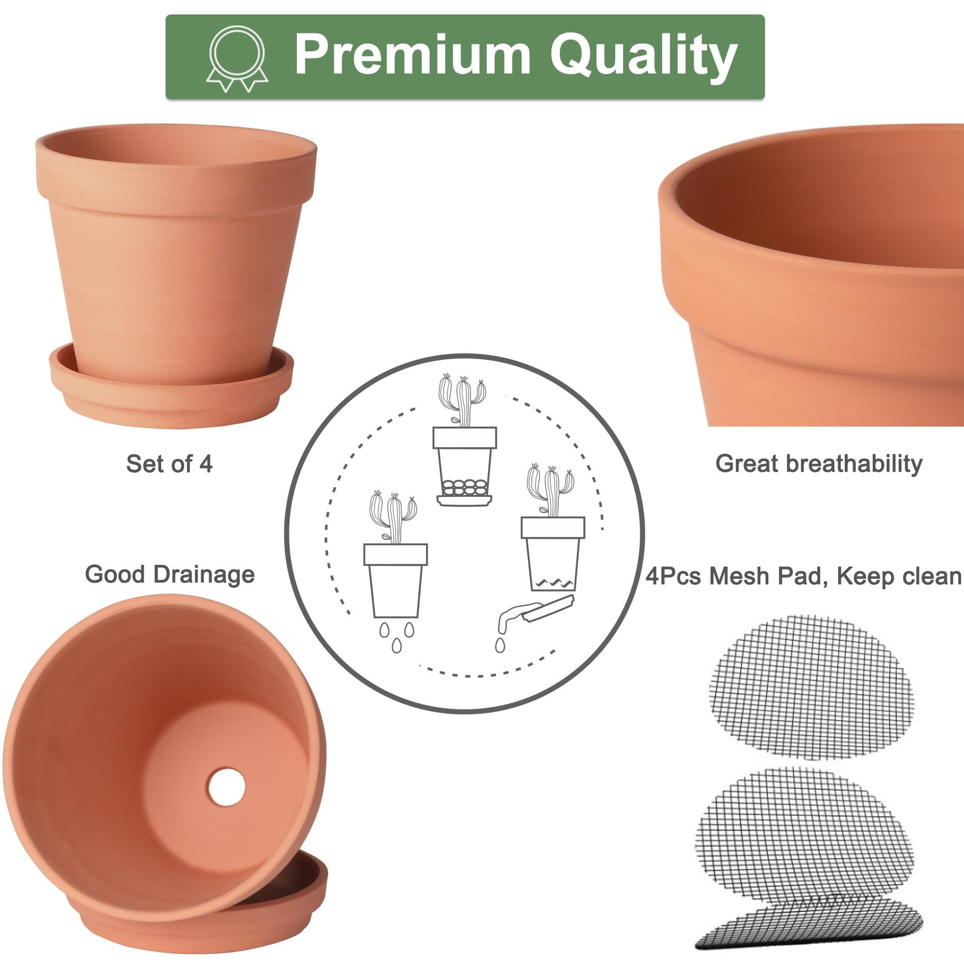 6 Inch Clay Pots For Plants With Saucer  Large Terra Cotta Plant Pots With Drainage Hole  Flower Pots With Tray  Terracotta Pots For Indoor Outdoor Plant - Pack Of 4 Planters