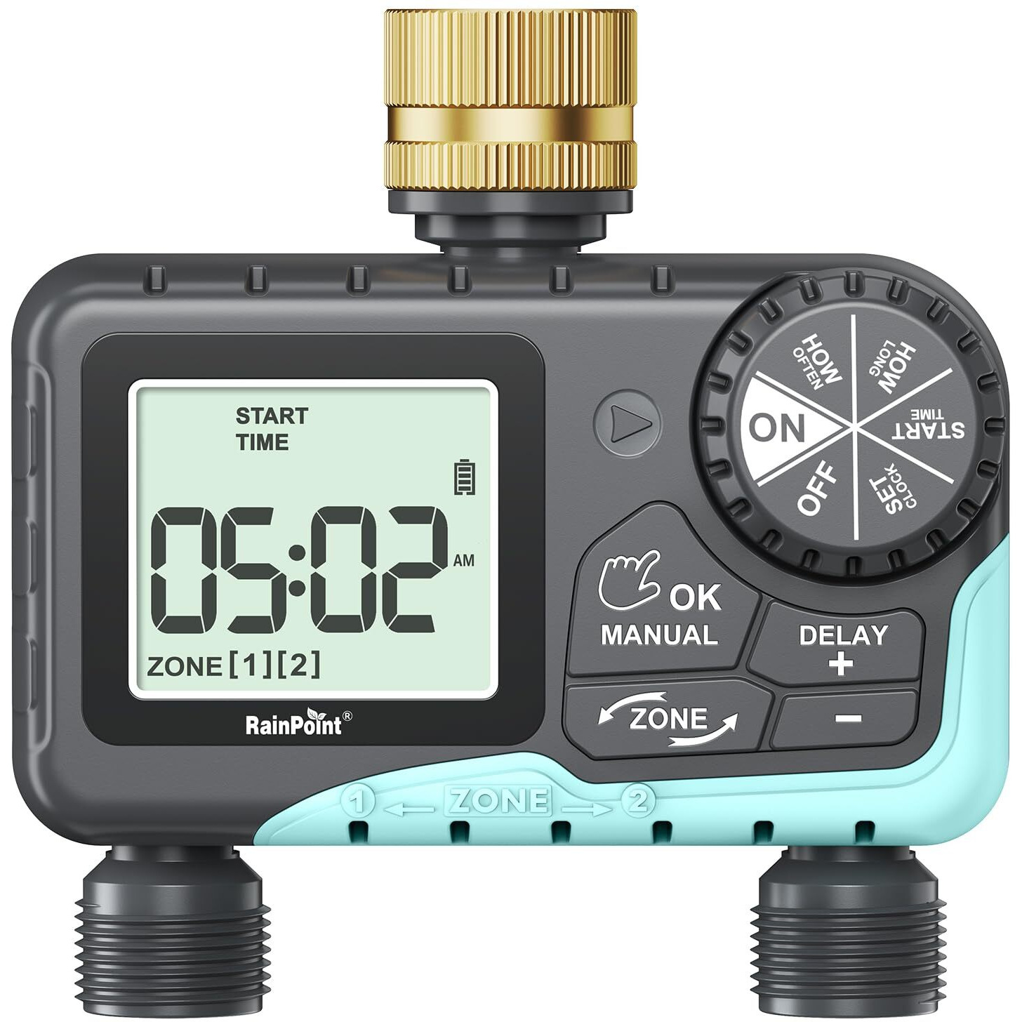 Rainpoint Water Timer For Garden Hose - Sprinkler Timer With Brass Swivel - Rain Delay/Manual Watering/Automatic Irrigation Controller System Hose Timer Programmable Faucet Timer For Yard  2 Outlet