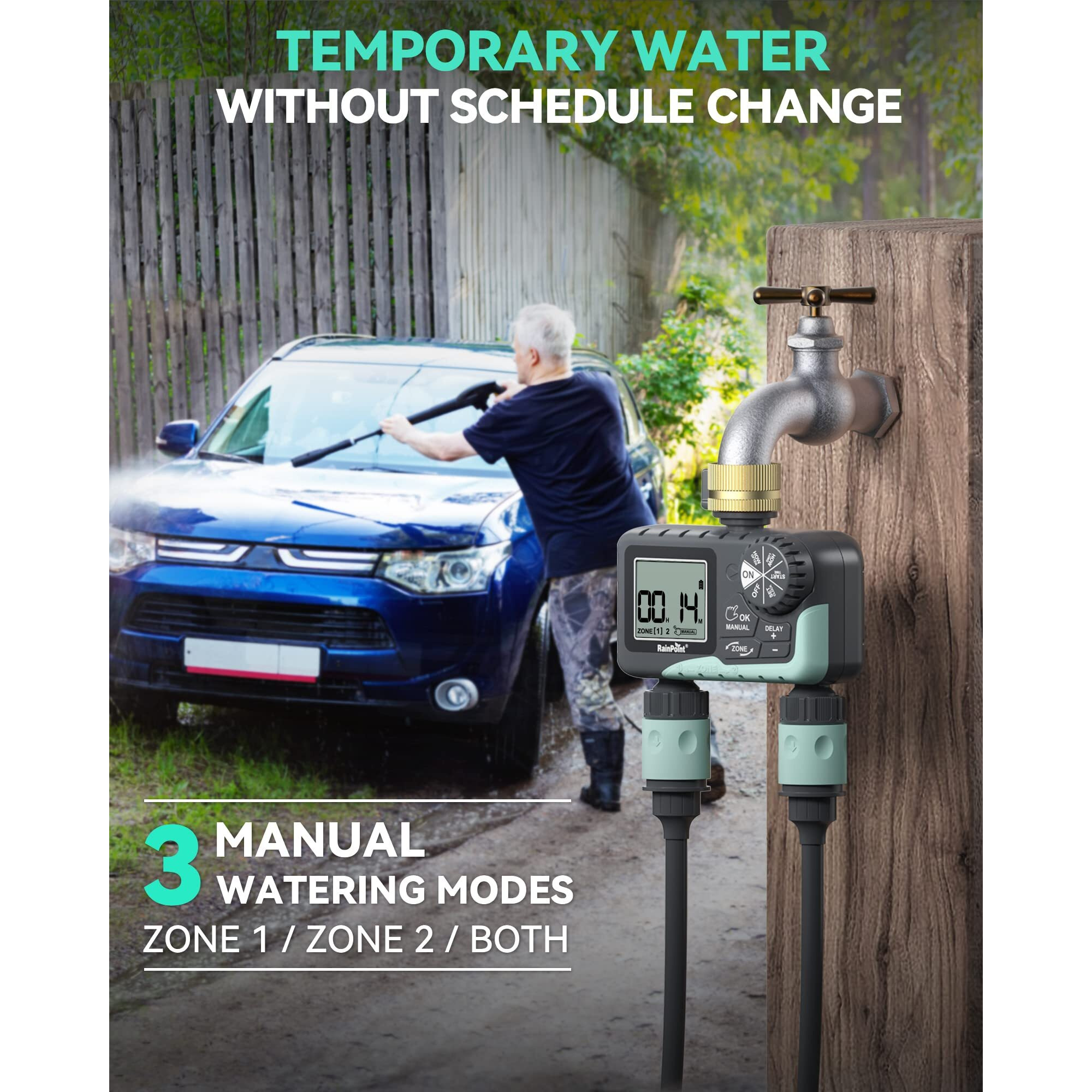 Rainpoint Water Timer For Garden Hose - Sprinkler Timer With Brass Swivel - Rain Delay/Manual Watering/Automatic Irrigation Controller System Hose Timer Programmable Faucet Timer For Yard  2 Outlet