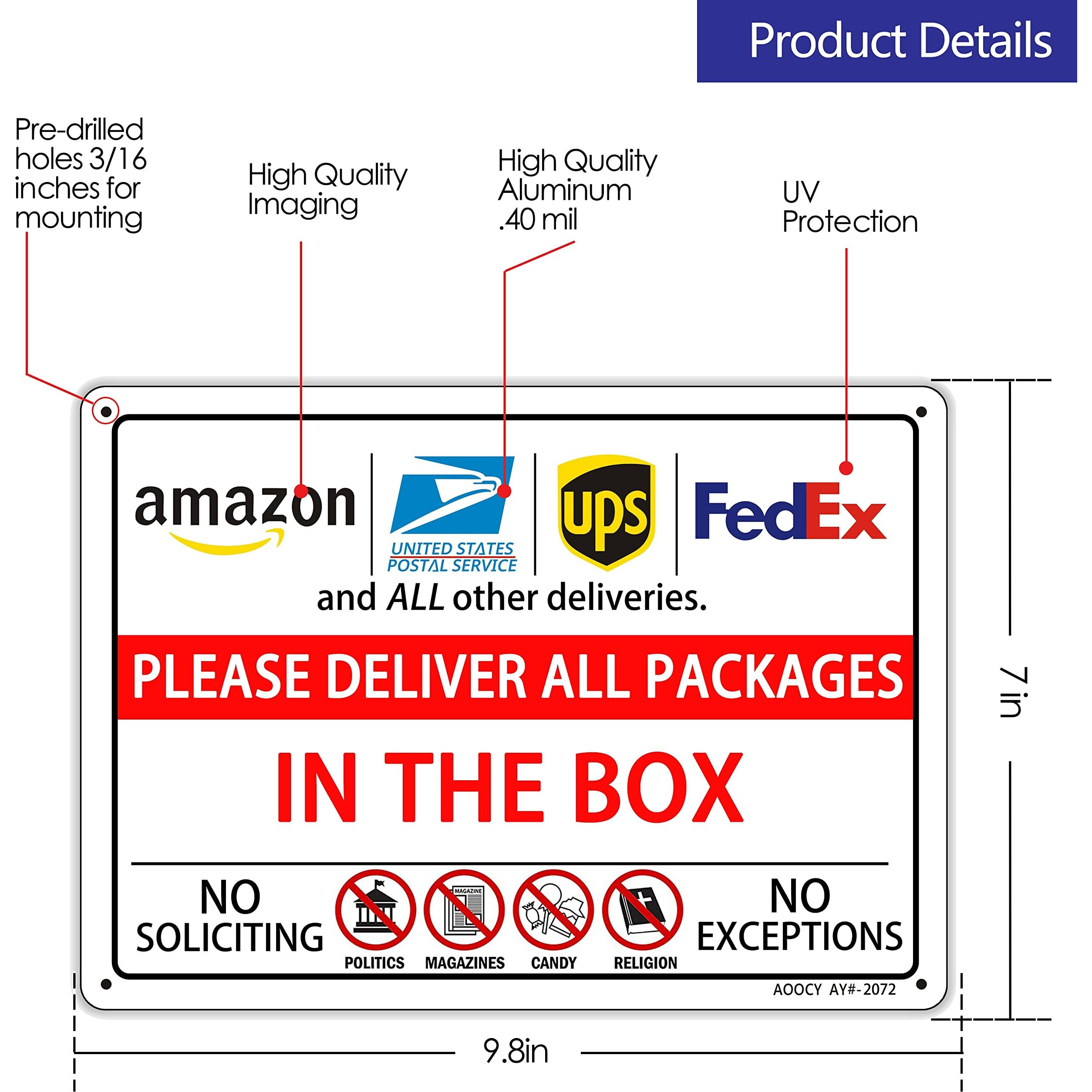 Please Deliver All Packages In The Box  Package Delivery Sign - Metal Aluminum Rust Free - 7"" X 9.8"" Pre-Drilled Holes  Weather Resistant