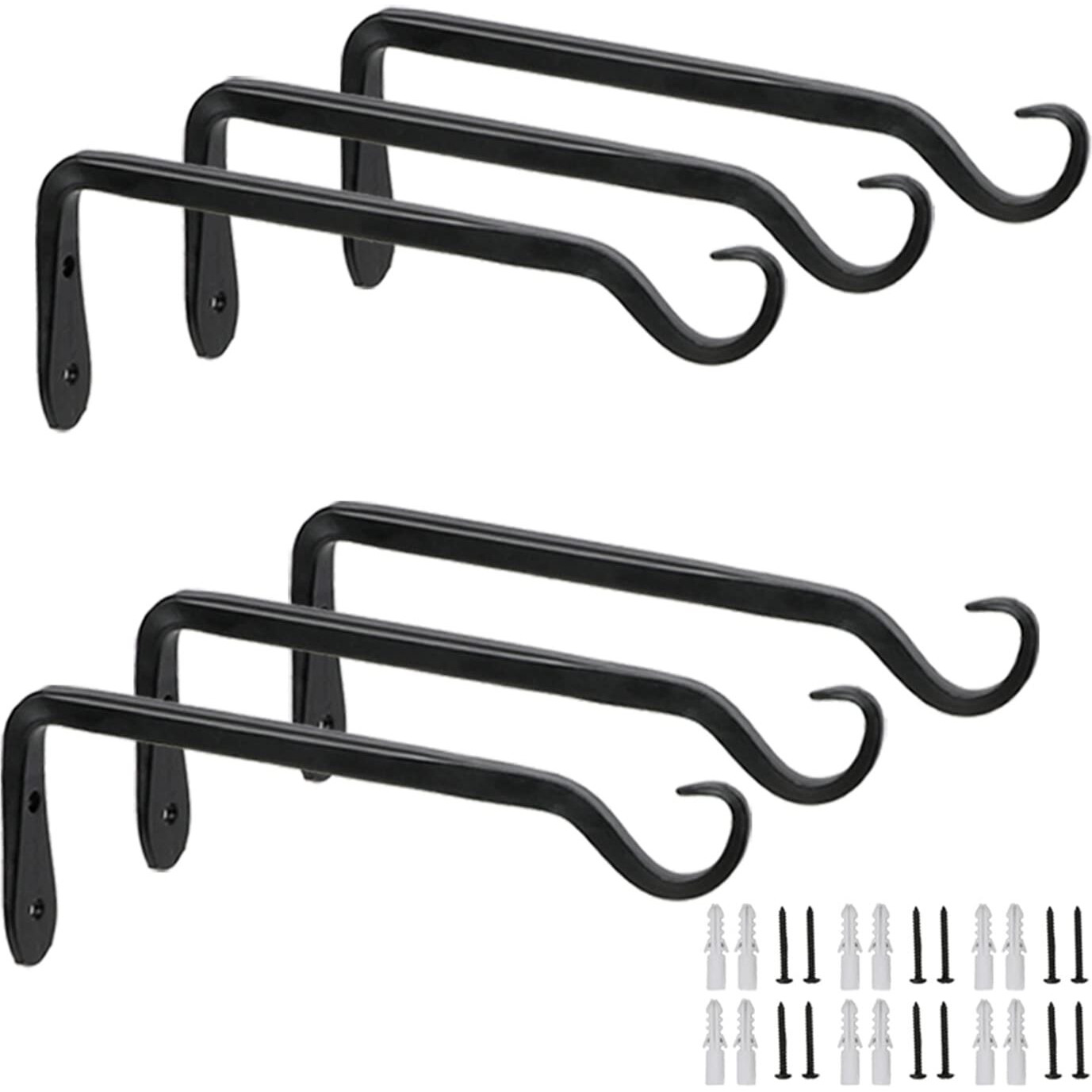 Worth Garden 6-Pack 7"" Plant Hanger Bracket - Forged Wrought Iron Powder-Coated Heavy Duty Wall Hook - Black Plant Hanging Hooks - Durable And Stable For Bird Feeders  Planters Indoor & Outdoor