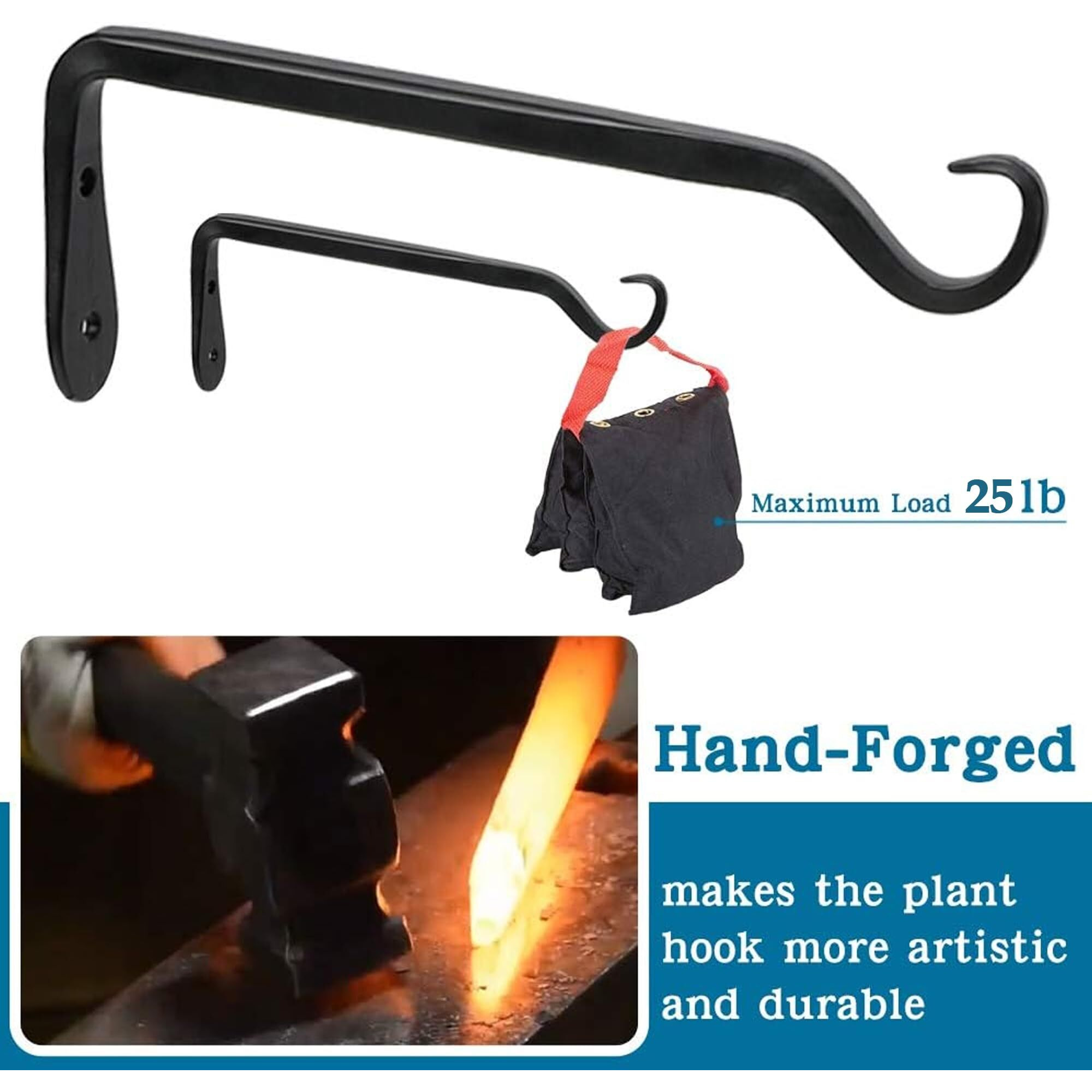 Worth Garden 6-Pack 7"" Plant Hanger Bracket - Forged Wrought Iron Powder-Coated Heavy Duty Wall Hook - Black Plant Hanging Hooks - Durable And Stable For Bird Feeders  Planters Indoor & Outdoor