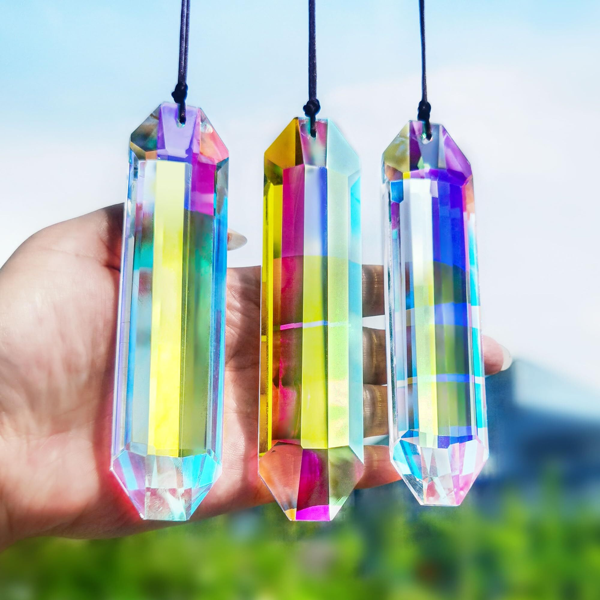 Hdcrystalgifts 3 Pack 5"" Large Crystal Sun Catcher Prisms  Ab Colored Suncatcher Crystals Window Indoor Hanging Rainbow Maker Prisms For Home Garden Decor
