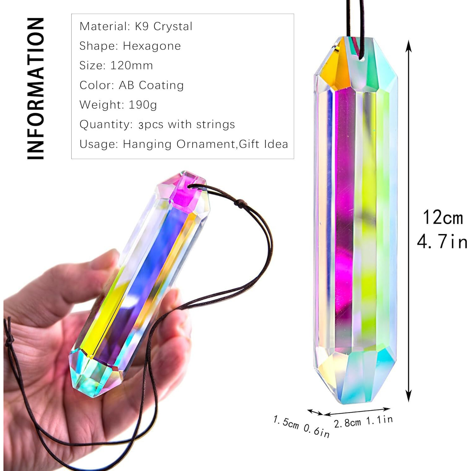 Hdcrystalgifts 3 Pack 5"" Large Crystal Sun Catcher Prisms  Ab Colored Suncatcher Crystals Window Indoor Hanging Rainbow Maker Prisms For Home Garden Decor