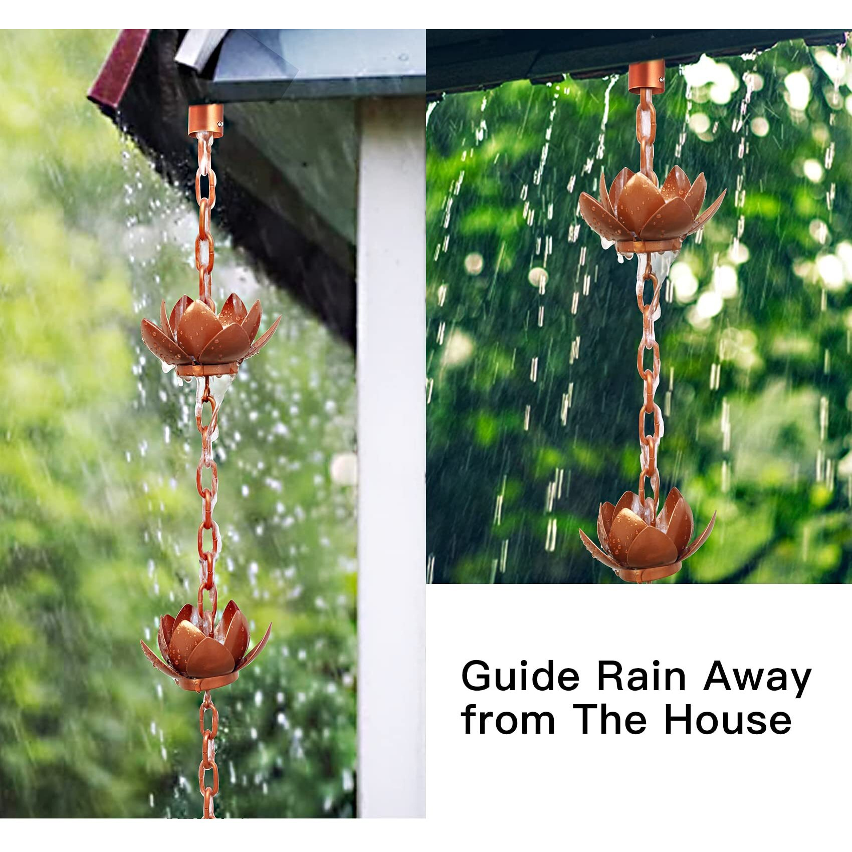 Rifachua 8.5Ft Rain Chain For Gutters Downspouts Outside  Copper Plated Lotus Rain Chain Cups  Functional And Decorative Replacement For Gutter Downspouts