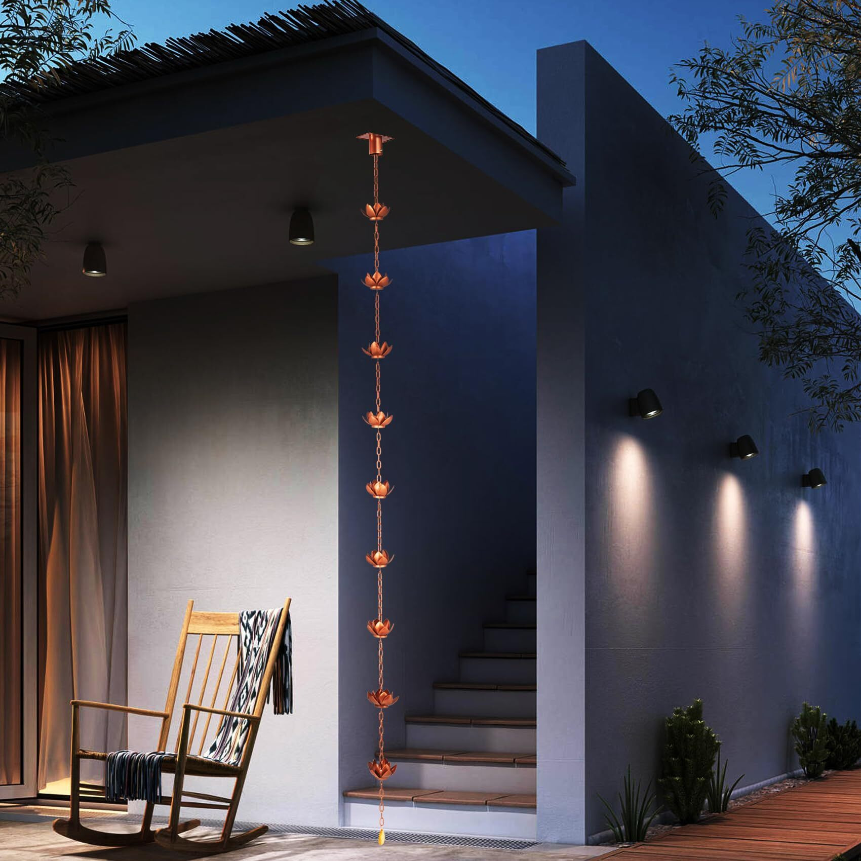 Rifachua 8.5Ft Rain Chain For Gutters Downspouts Outside  Copper Plated Lotus Rain Chain Cups  Functional And Decorative Replacement For Gutter Downspouts