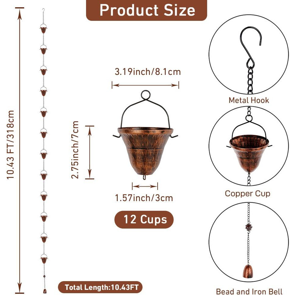 Dreamysoul Copper Rain Chains For Outside  10.43Ft With 12 Cups Rain Catcher Chains For Downspout Gutters  Eaves Drainage