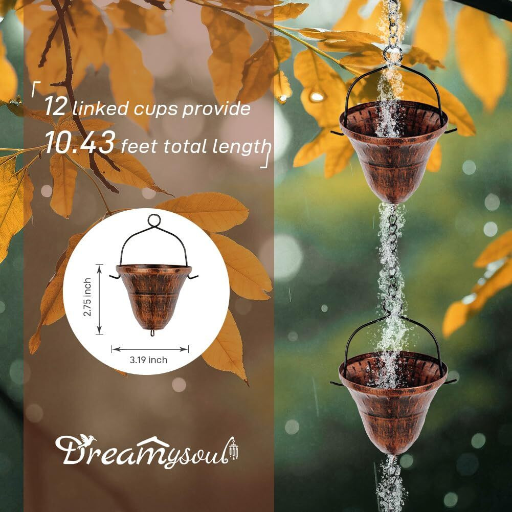 Dreamysoul Copper Rain Chains For Outside  10.43Ft With 12 Cups Rain Catcher Chains For Downspout Gutters  Eaves Drainage