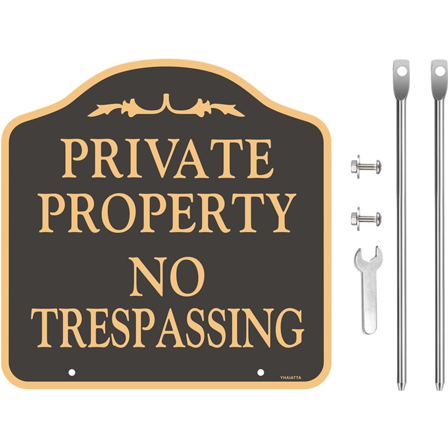 Yhaiatta Large (2 Pack) No Trespassing Signs Private Property  Metal  Aluminum  Includes Metal Yard Stakes For Easy Installation  12X12 Inches