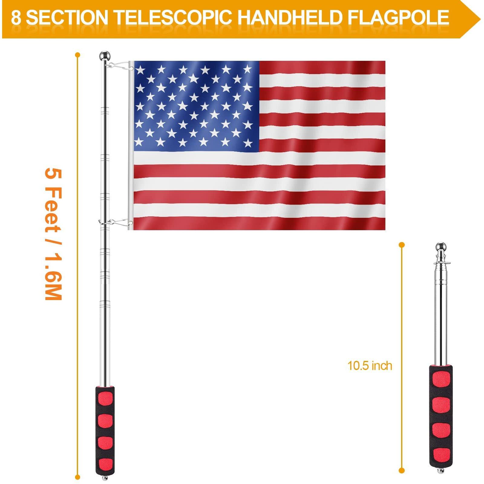Bonwin 1.6M Telescopic Handheld Flagpoles With Clips  5.25 Feet Thick Portable Stainless Steel Telescopic Banner Flag Pole - Tour Guide Flag Pole - Teaching Pointer Stick (5 Ft  Red Black 1 Pack)