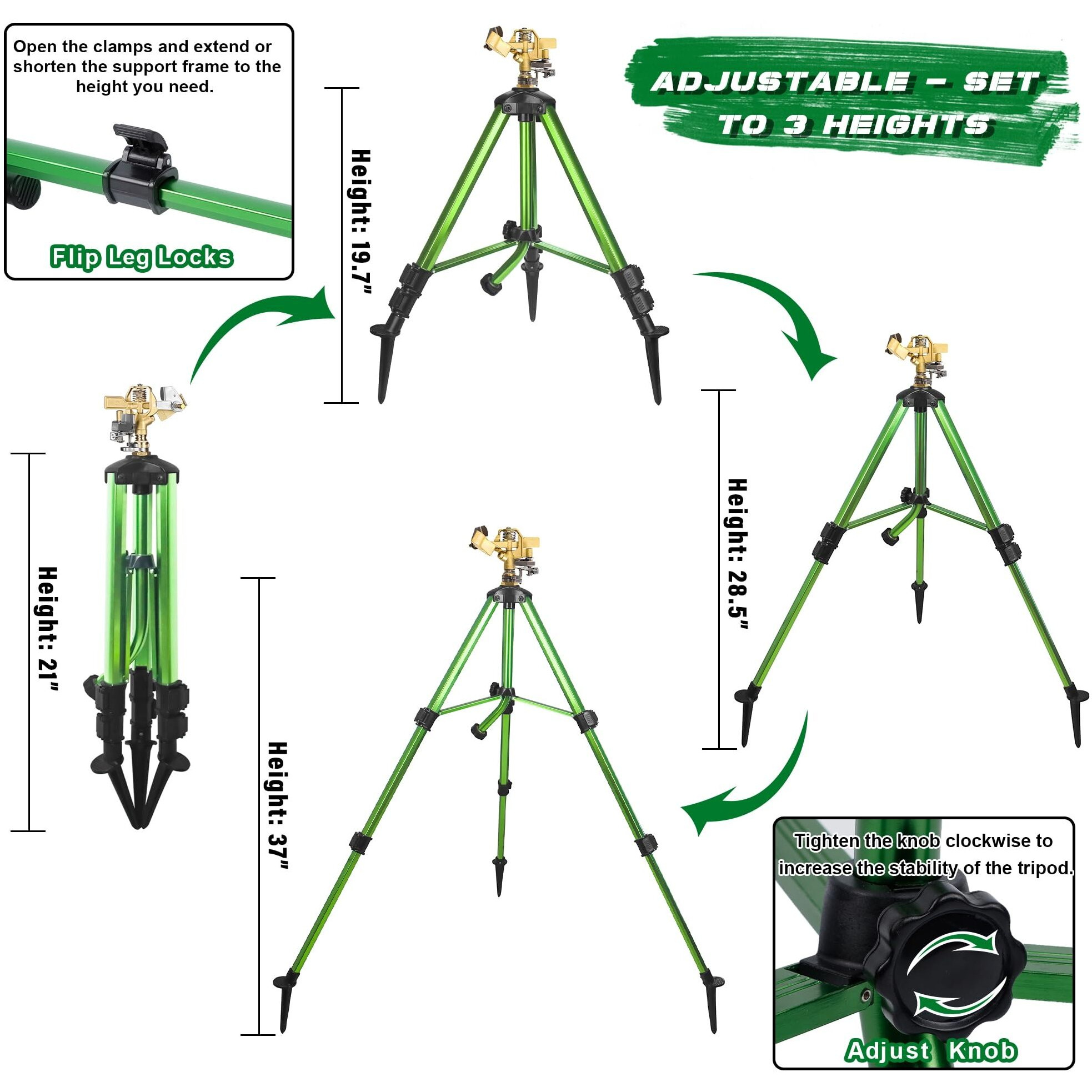 Triumpeek Impact Sprinkler On Tripod Base With Stakes  360 Degree Large Area Coverage Irrigator With Extension Legs  Adjustable Brass Sprinkler Head Nozzle And 3/4"" Nh Inlet Hose Connection (1)