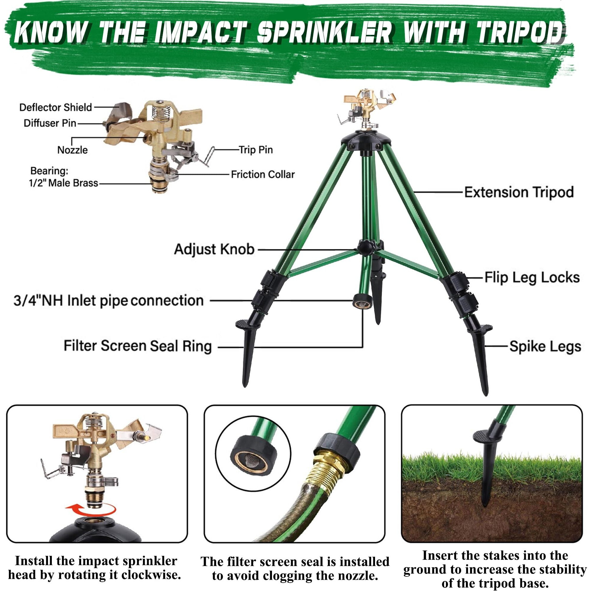 Triumpeek Impact Sprinkler On Tripod Base With Stakes  360 Degree Large Area Coverage Irrigator With Extension Legs  Adjustable Brass Sprinkler Head Nozzle And 3/4"" Nh Inlet Hose Connection (1)