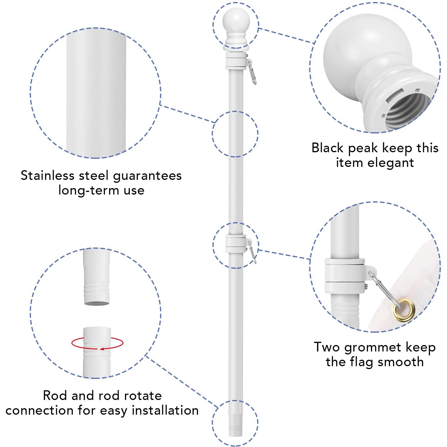 Yeesun Flag Pole For House With 3X5 American Flag  6 Ft Wall Mount Flag Pole With Bracket For Home Porch Outdoor Deco.Residential Or Commerical Tangle Free Flag Pole Kit (White)