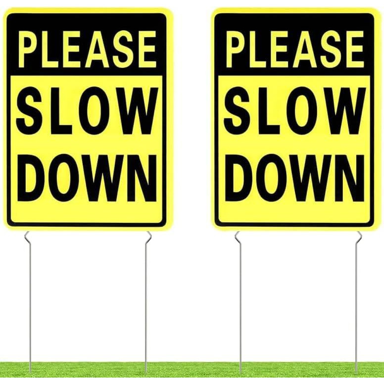 Kichwit 2 Pack Double Sided Please Slow Down Sign Plastic Yard Signs With Metal Stakes  Sign Measures 11.8 X 15.7 Inches