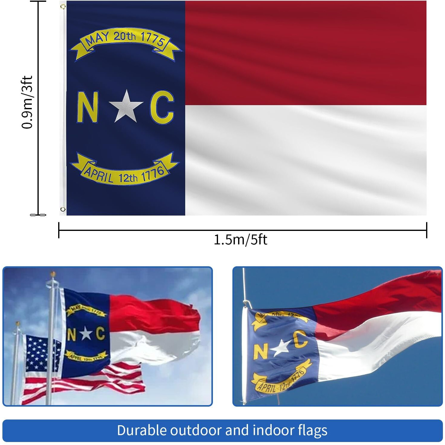 North Carolina Flag 3X5 Ft Outdoor  Double Sided Heavy Duty 210D Oxford Fabric  Embroidered Star & Dates And 4 Rows Stitching Fly Ends With 2 Brass Grommets | State Of North Carolina Nc Flag Home Wall